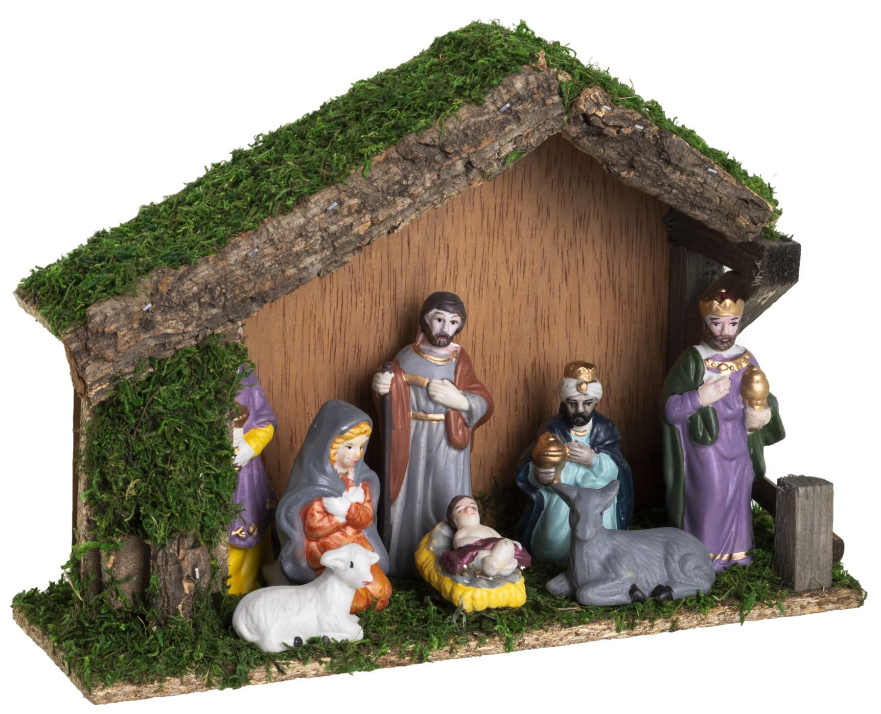 Dekoleidenschaft Krippe aus Holz, Weihnachtskrippe, Holzkrippe mit Moos + 8 günstig online kaufen