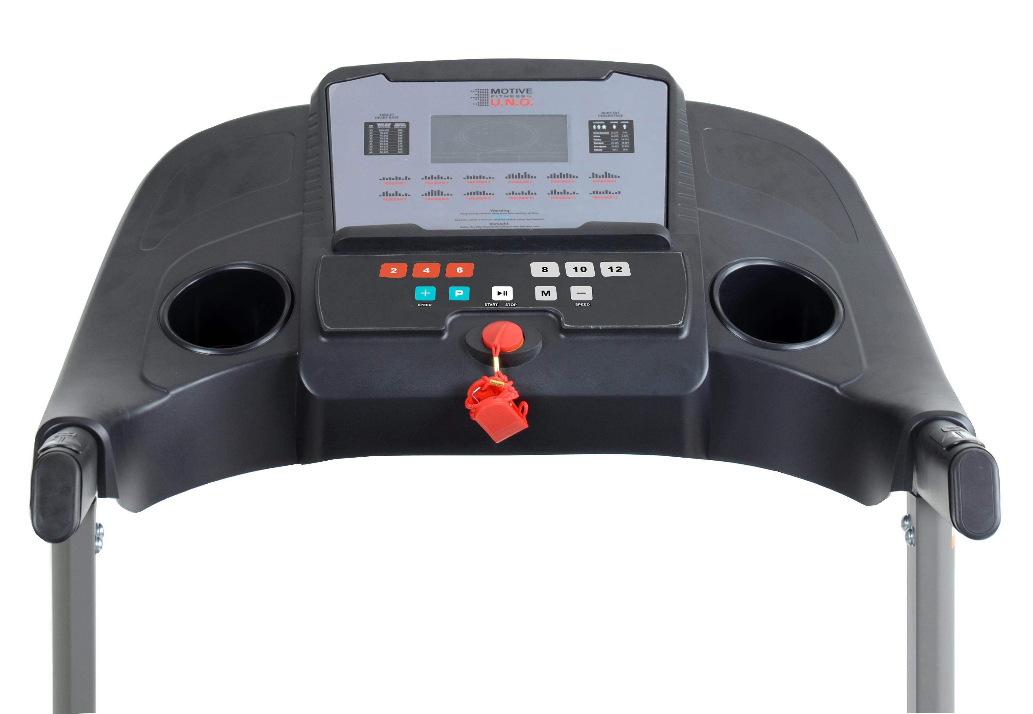 MOTIVE FITNESS by U.N.O. Laufband Speed Master 1.8 M (mit/ohne Unterlegmatte) (Soft-Drop-Klappmechanismus), bis max. 18 km/h, klappbar, mit Steigung, 120 kg max. Benutzergewicht