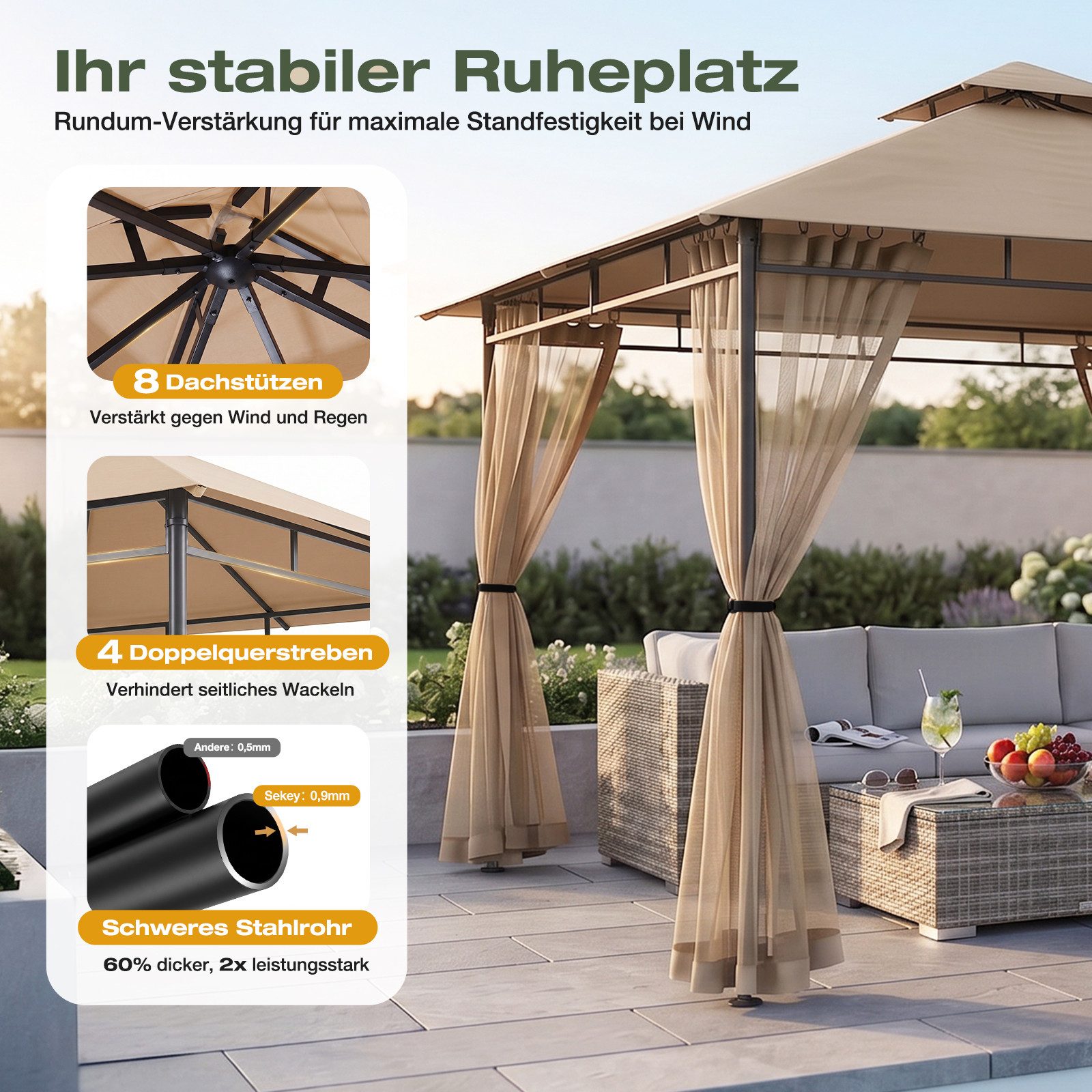Sekey Pavillon 3 x 3m Pavillon Partyzelt Gartenpavillon mit Moskitonetz, Doppeldach, mit 4 Seitenteilen, Stabil, Wasserdicht, Winfest, Sonnenschutz – Bild 5 von 5