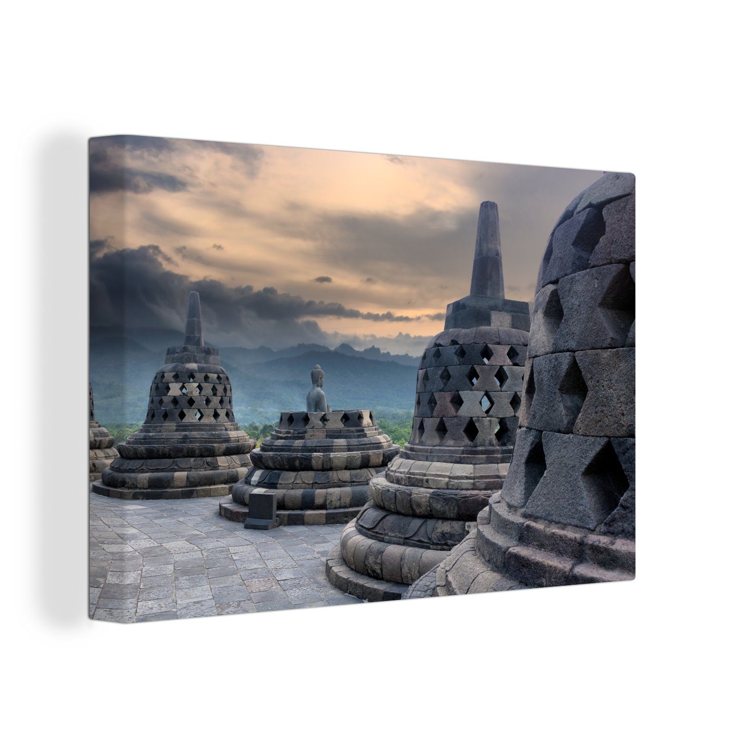 Borobudur-Tempel, Wandbild St), OneMillionCanvasses® (1 Leinwandbilder, 30x20 Dunkle dem Aufhängefertig, Leinwandbild Wanddeko, Wolken über cm