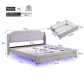 Flieks Polsterbett, LED Beleuchtung Doppelbett 2 Schubladen 180x200cm Leinen