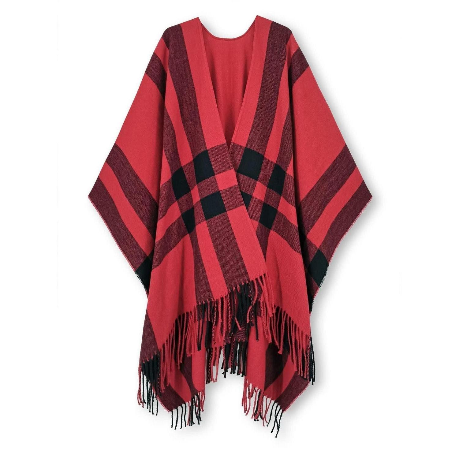LuxusKollektion Poncho Strick Poncho kariert mit Quaste rot schwarz (1-St)