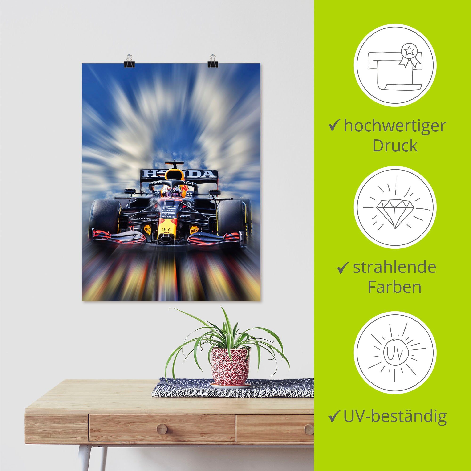 (1 als Größen versch. Poster Formel1, Weltmeister - oder Alubild, Artland der Wandaufkleber Wandbild Verstappen Auto in Leinwandbild, Max St),