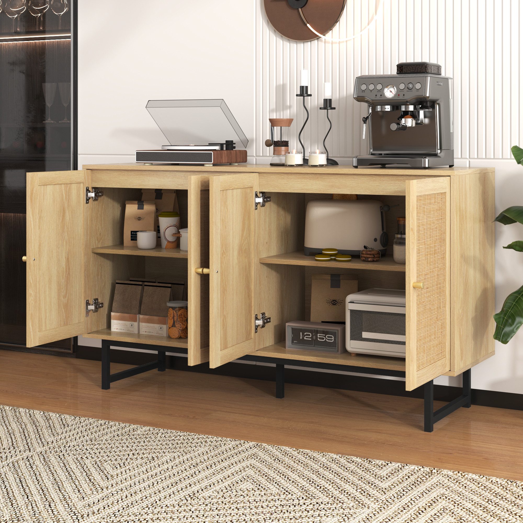 Yorbay Sideboard aus echtem Rattan, Landhaus & Scandi Design, mit 4 Schiebtüren aus echtem Rattangeflecht, 140x39,5x80 cm