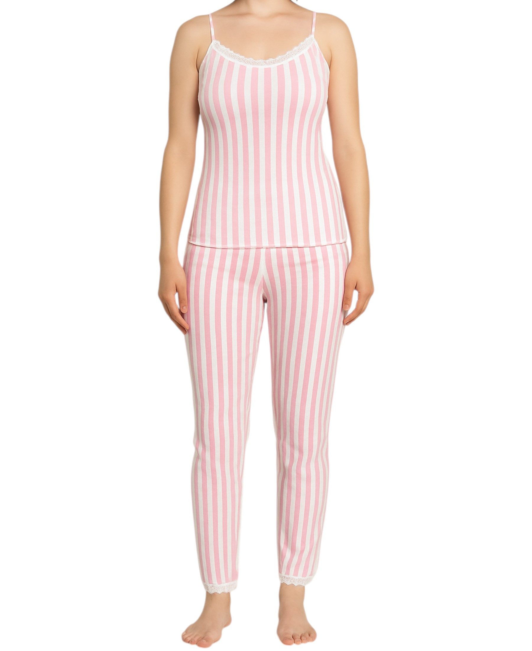 fashionshowcase Schlafanzug Damen 2-teiliges Pyjama Set Rosa – Bequemer Baumwollmix Elegante Streifenoptik