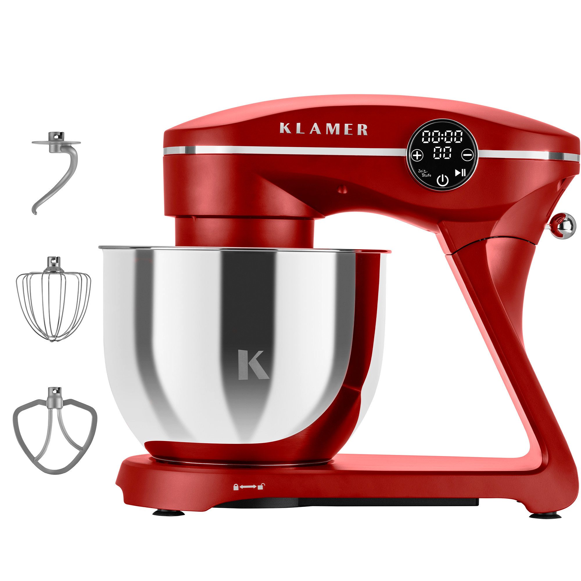 KLAMER Küchenmaschine 1800W, 6L Edelstahl-Schüssel, Knetmaschine mit 10 Geschwindigkeiten & Timer, rot, 1800 W, 6 l Schüssel, Spritzschutz, 3 Werkzeuge, Saugfüße, digitales Display, Timer