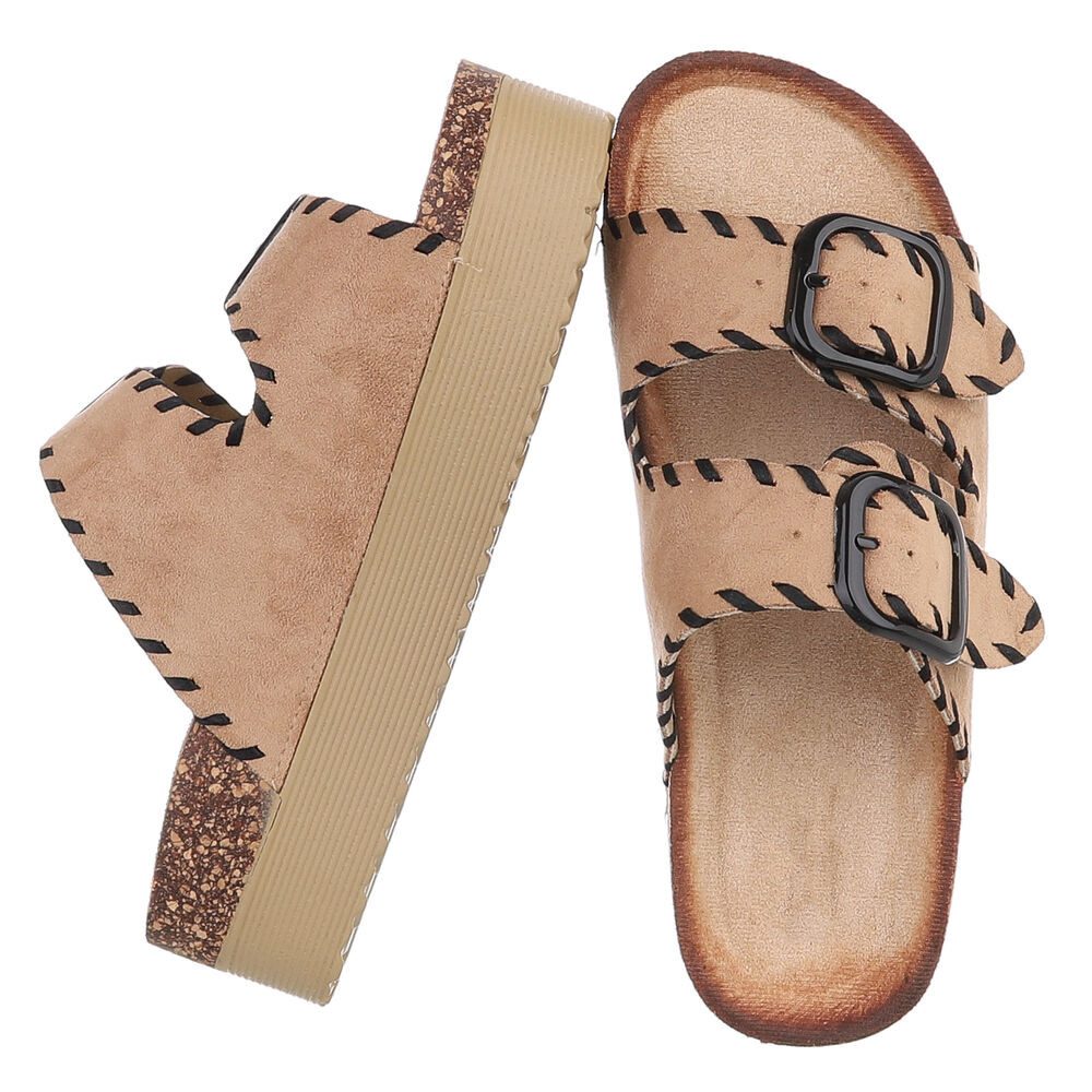 Ital-Design Damen Plateau-Pantolette mit Schnallen und Zierprägung Plateausandaletten (91895603) Flach Pantoletten in Hellbraun