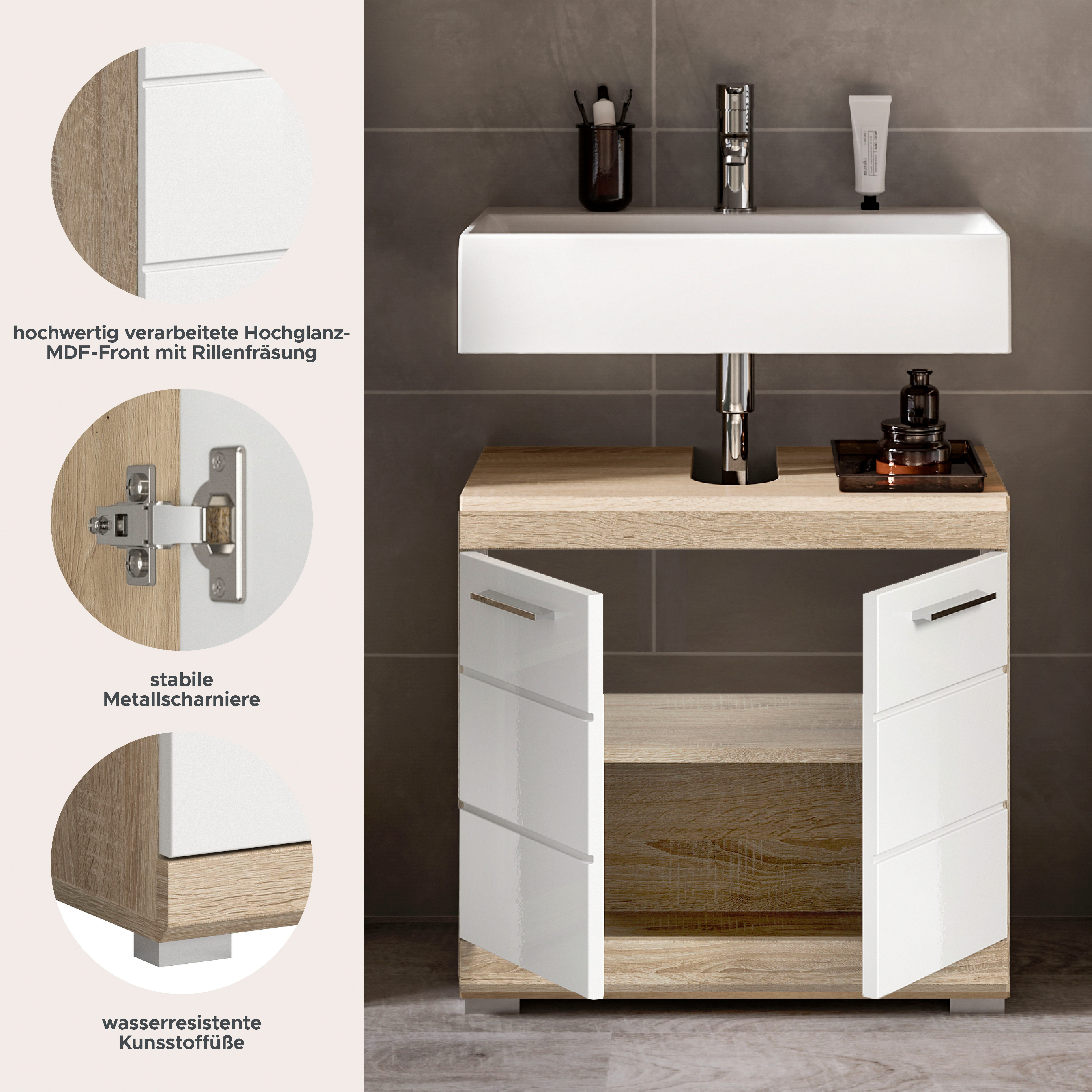 welltime Waschbeckenunterschrank SIENA, Breite 60cm, mit 2 Türen oder 2 Schubkästen, MDF-Front (1-St., TOPSELLER!, mit Siphonausschnitt 10x25 cm) in verschieden – Bild 4 von 5