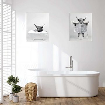 KIKI Wandbild 2 Stück Badezimmer Bilder Mit Rahmen,Hochland Kuh Wandkunst,Schwarz, (2 St)