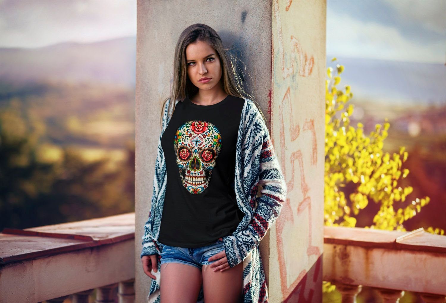 MoonWorks Print-Shirt Sugar Skull Damen T-Shirt with Roses Totenkopf mit Ro günstig online kaufen