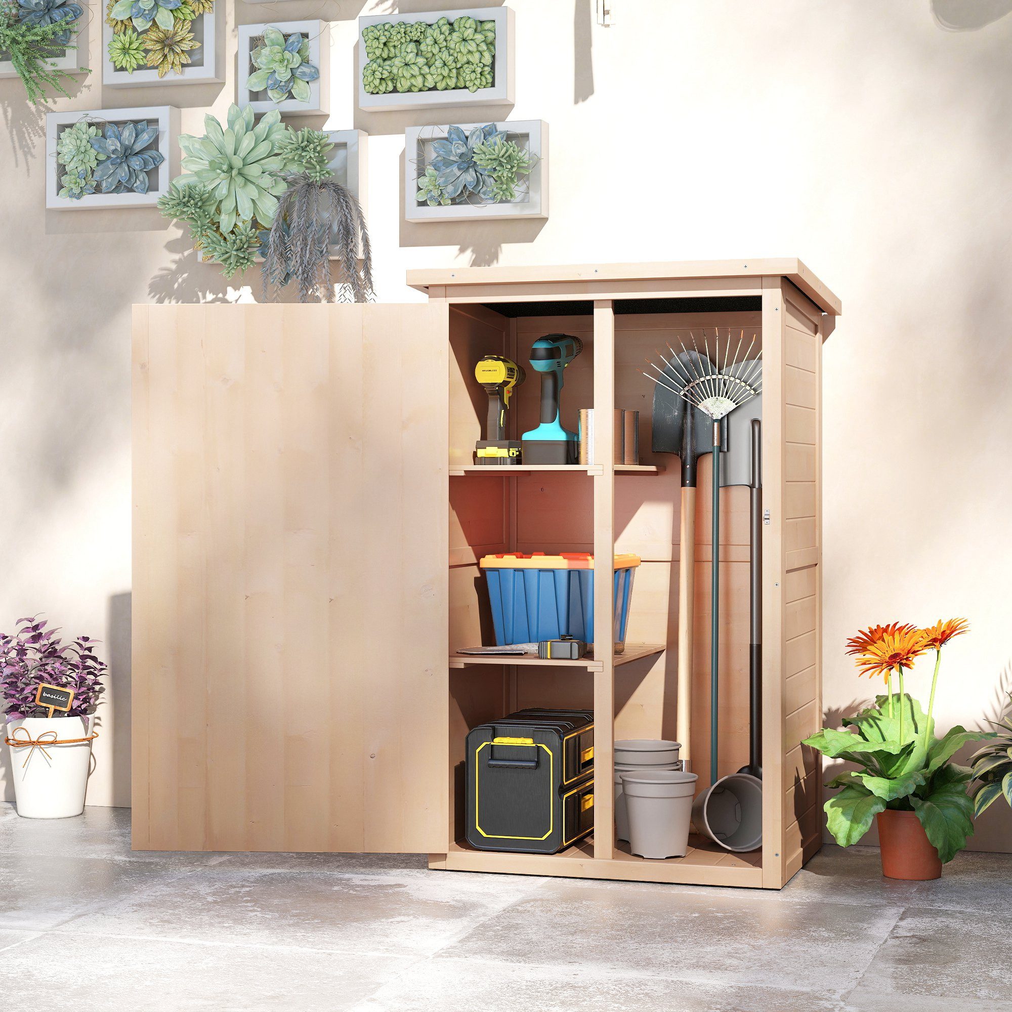 Outsunny Gerätehaus Gartenschrank Holz, Geräteschuppen wetterfest, BxT: 75x56 cm, (Gartenschrank, 1 St., Geräteschrank), für Garten, Naturholz
