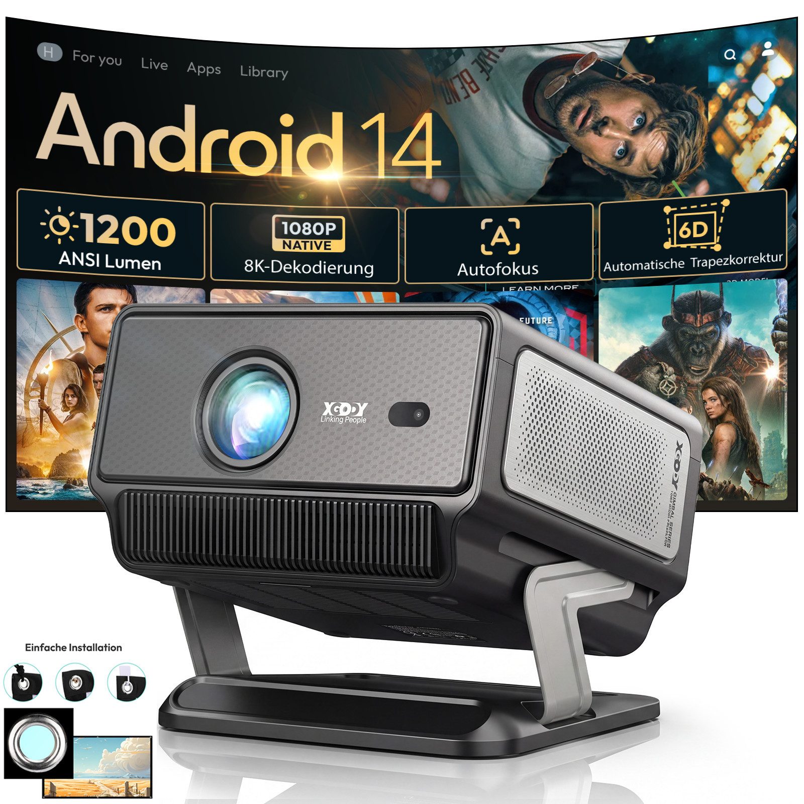 XGODY 2026 Neuer Smart Beamer 4k heimkino mit leinwand, Integrierte APP UHD-Beamer (1200 lm, 2500:1, 3840 x 2160(1200 ANSI) px, Android 14, Full HD 1080P, unterstützt 8K-Decodierung Projektor)