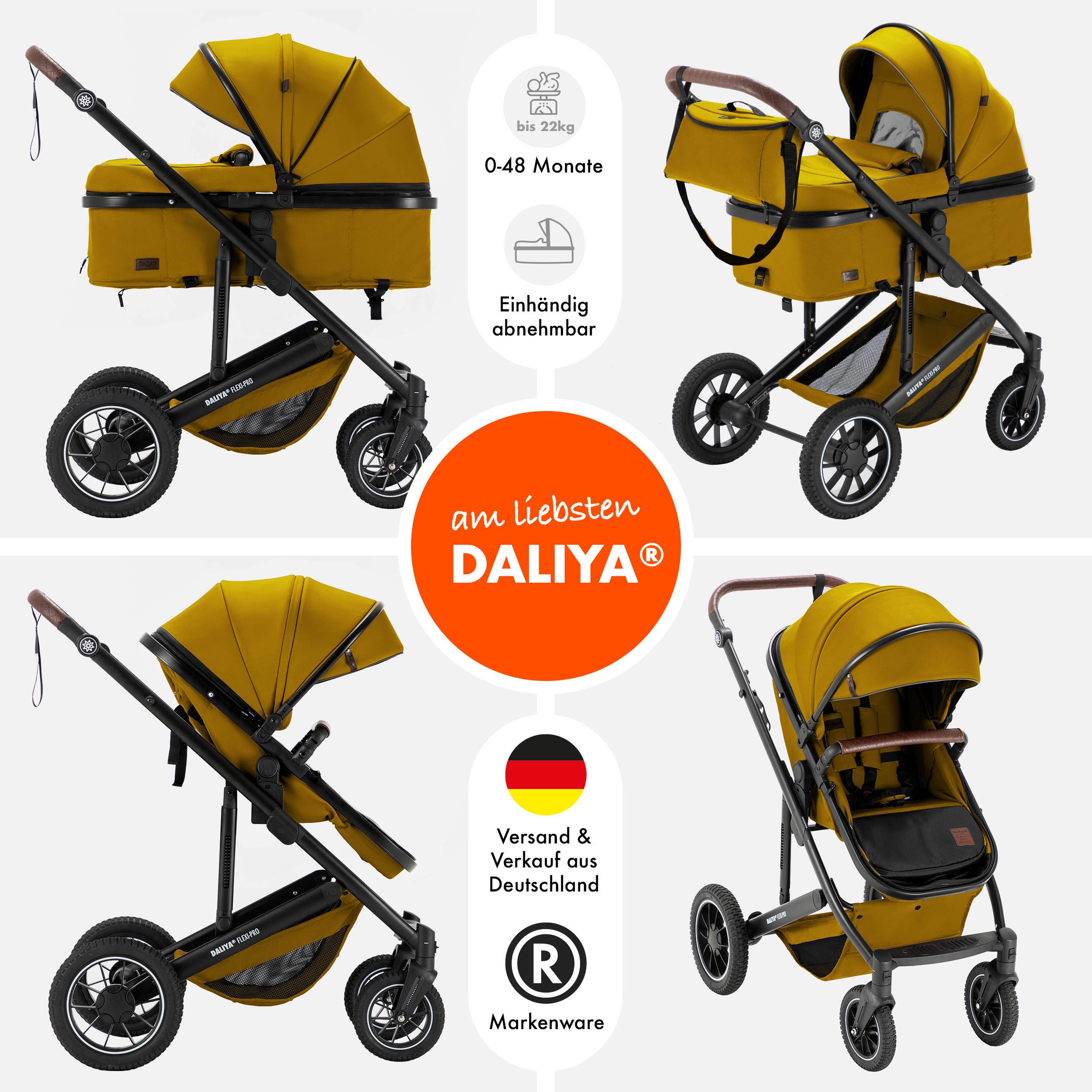 Daliya® Kombi-Kinderwagen FLEXI-PRO M 2in1 Kinderwagen & Buggy, Reisekinderwagen, XXL Set, (10-tlg), Einhändig abnehmbare Wanne, Alu-Rahmen, Gummireifen, Gurte, UV 50+