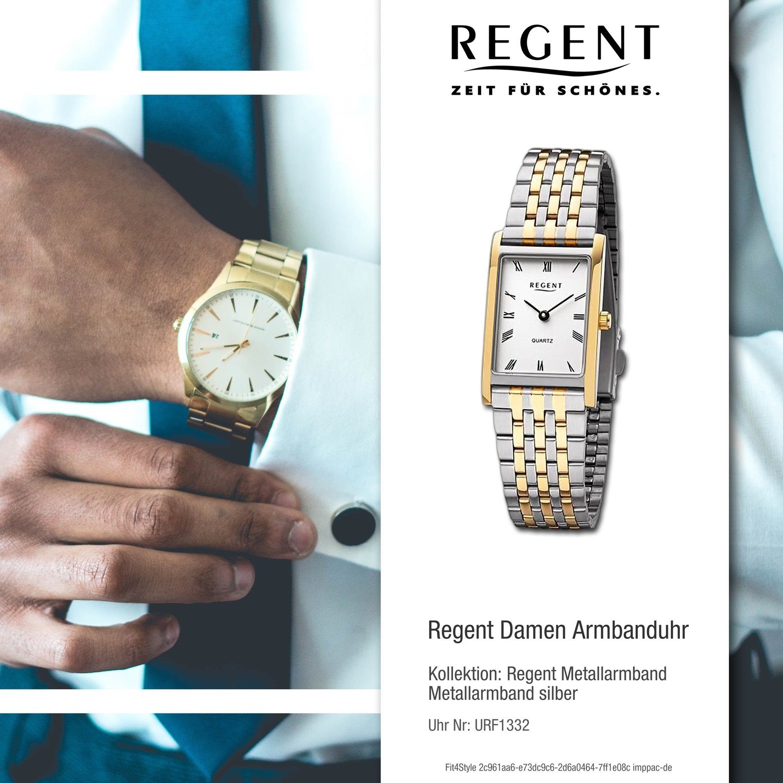 Analog, Regent Quarzuhr Regent Damenuhr Metallarmband Damen Gehäuse, (ca silber, 22x34mm) gold, groß Armbanduhr rundes