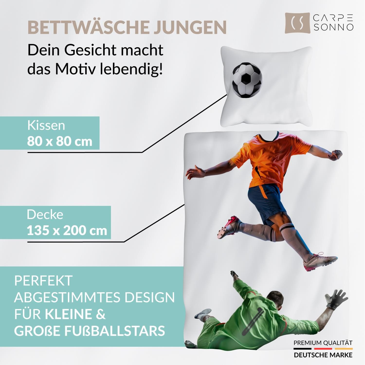 Carpe Sonno Kinderbettwäsche 135 x 200 Jungen Bettwäsche Fußball Kinder Teenager 100% Baumwolle, Renforcé, 2 teilig, OEKO-TEX Bettbezug - Atmungsaktiv & Kuschelweich