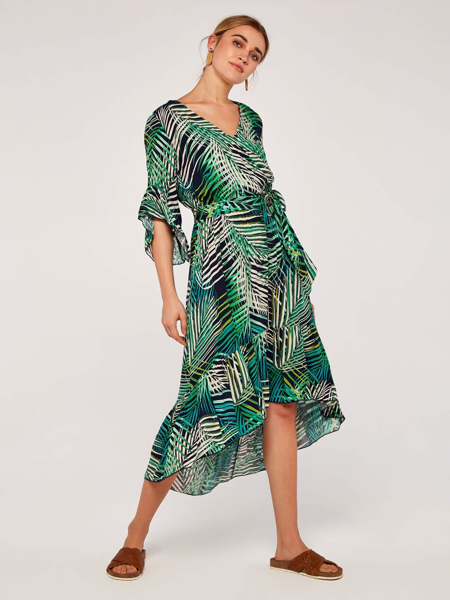 Apricot Midikleid Trop Leaf Ruffle Sleeve Midi Dress, (2-tlg) mit Rüschen