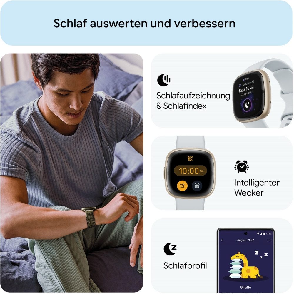 fitbit Fitbit Sense 2 Smartwatch in Blau und Soft Gold. Smartwatch (iOS - Apple), Stylisch und strapazierfähig, Stylisch und strapazierfähig