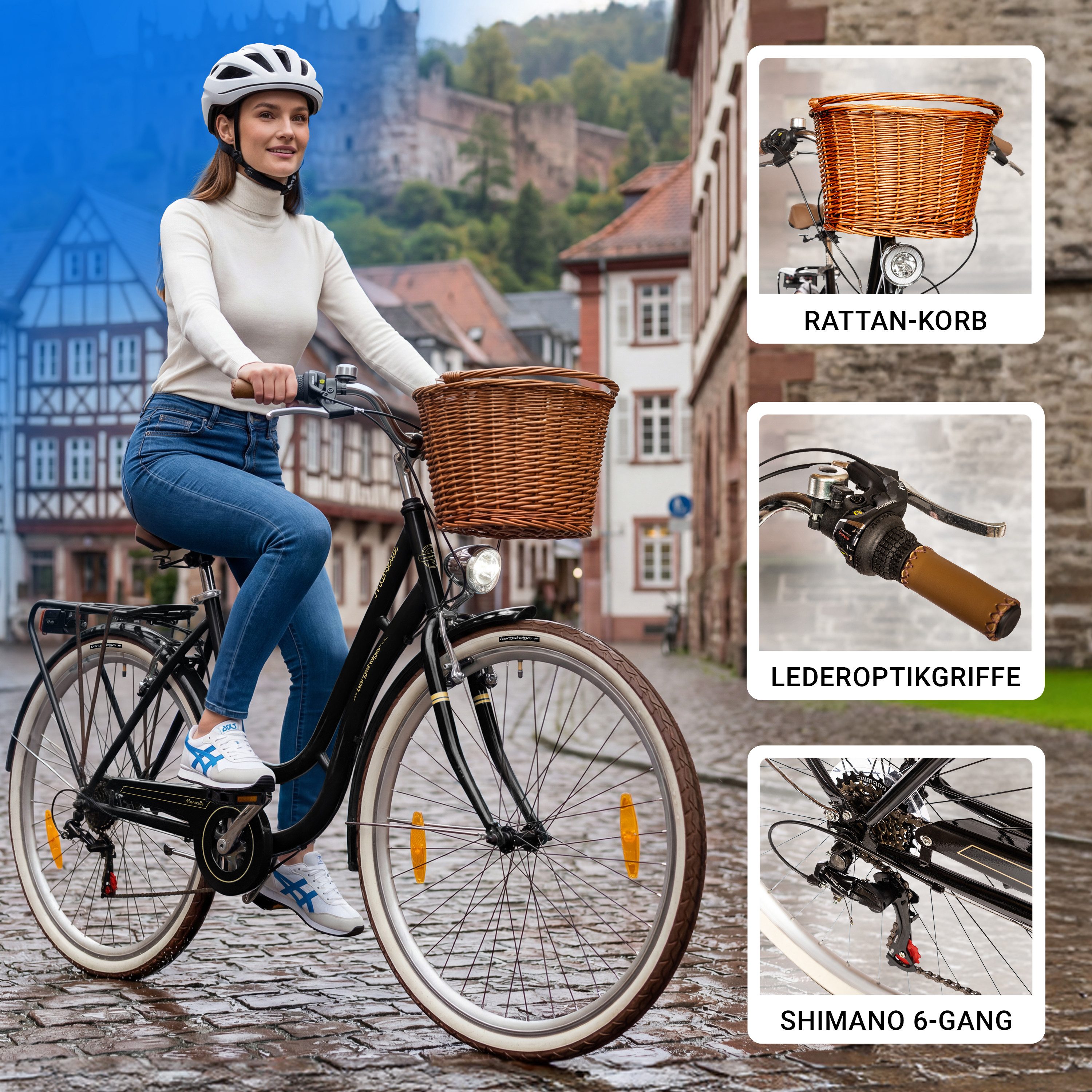 bergsteiger Cityrad Marseille 26 Zoll, 28 Zoll Damenfahrrad, ab 150 cm, Korb aus Rattan, 6 Gang, Kettenschaltung, V-Bremsen