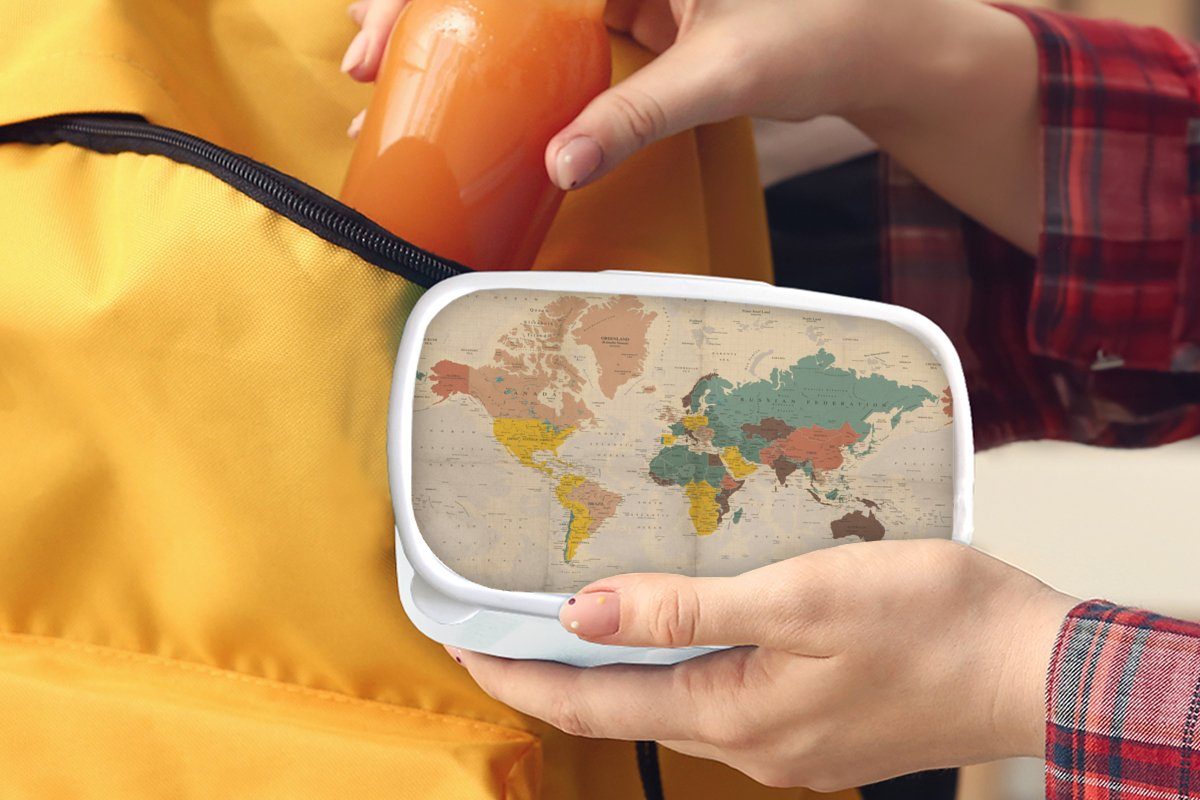 MuchoWow Lunchbox für Brotbox - Kind - für Brotdose, Weltkarte und Vintage Jungs - Kind und Mädchen (2-tlg), - Erwachsene, Mädchen, Atlas Kinder Kunststoff, weiß 