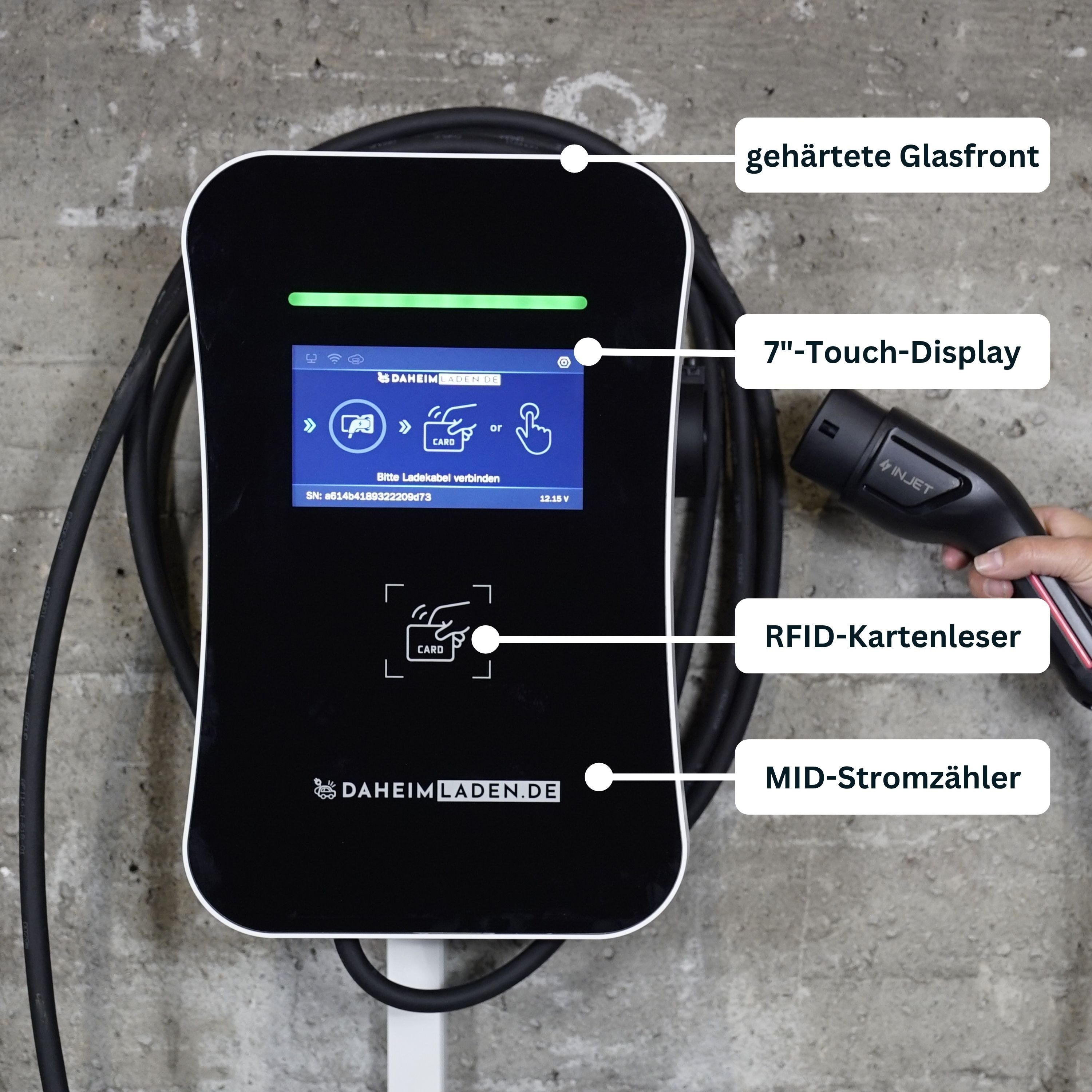 DAHEIM LADEN Elektroauto-Ladestation DaheimLader Touch PRO Wallbox, 11kW / 16A, 3-phasig, mit App, RFID, MID-Stromzähler, DockingStation, OCPP Version 1.6j