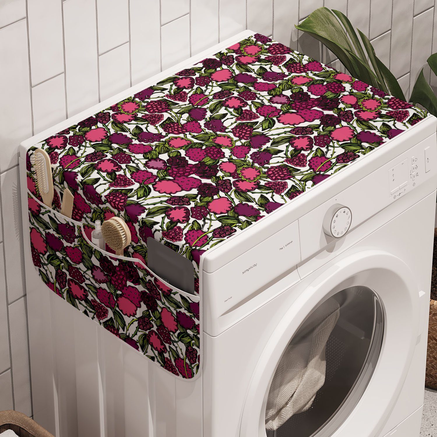 Abakuhaus Badorganizer Anti-Rutsch-Stoffabdeckung für Waschmaschine und Trockner, Botanik Pinkish Brombeeren Pattern