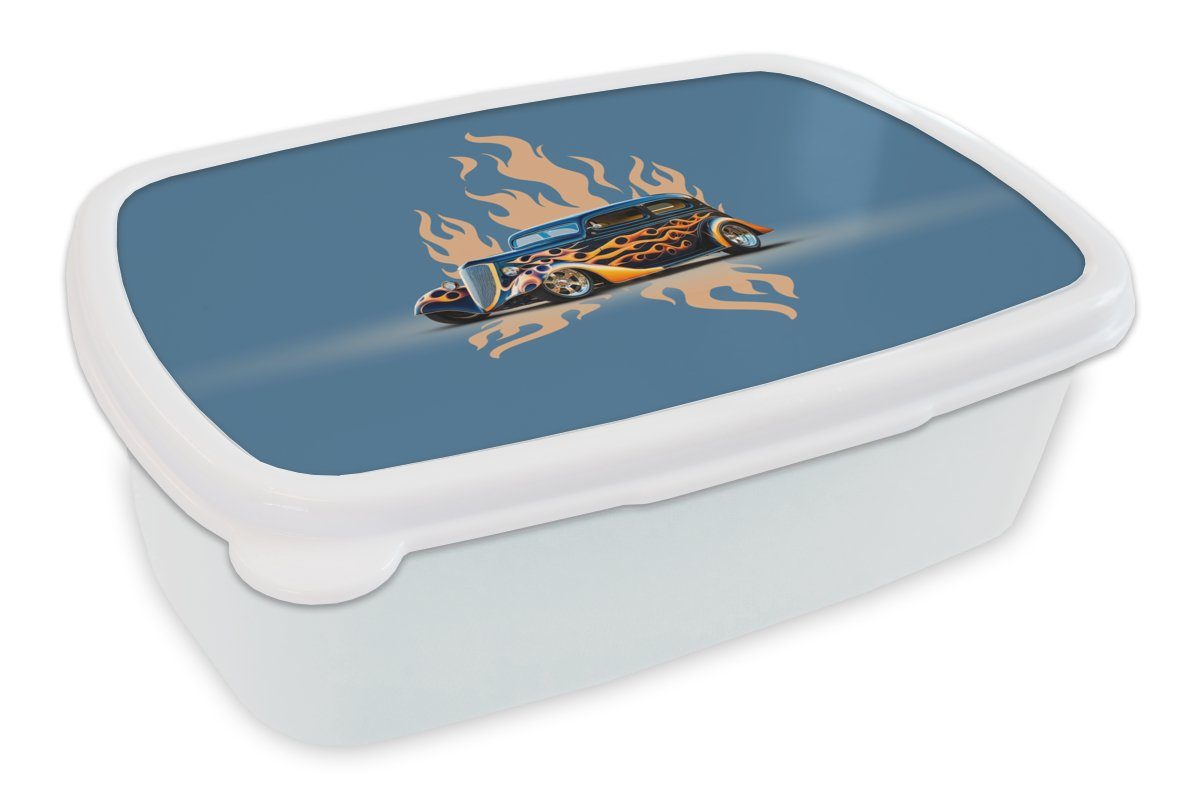 MuchoWow Lunchbox Auto - Oldtimer - Blau - Flammen, Kunststoff, (2-tlg), Brotbox für Kinder und Erwachsene, Brotdose, für Jungs und Mädchen weiß