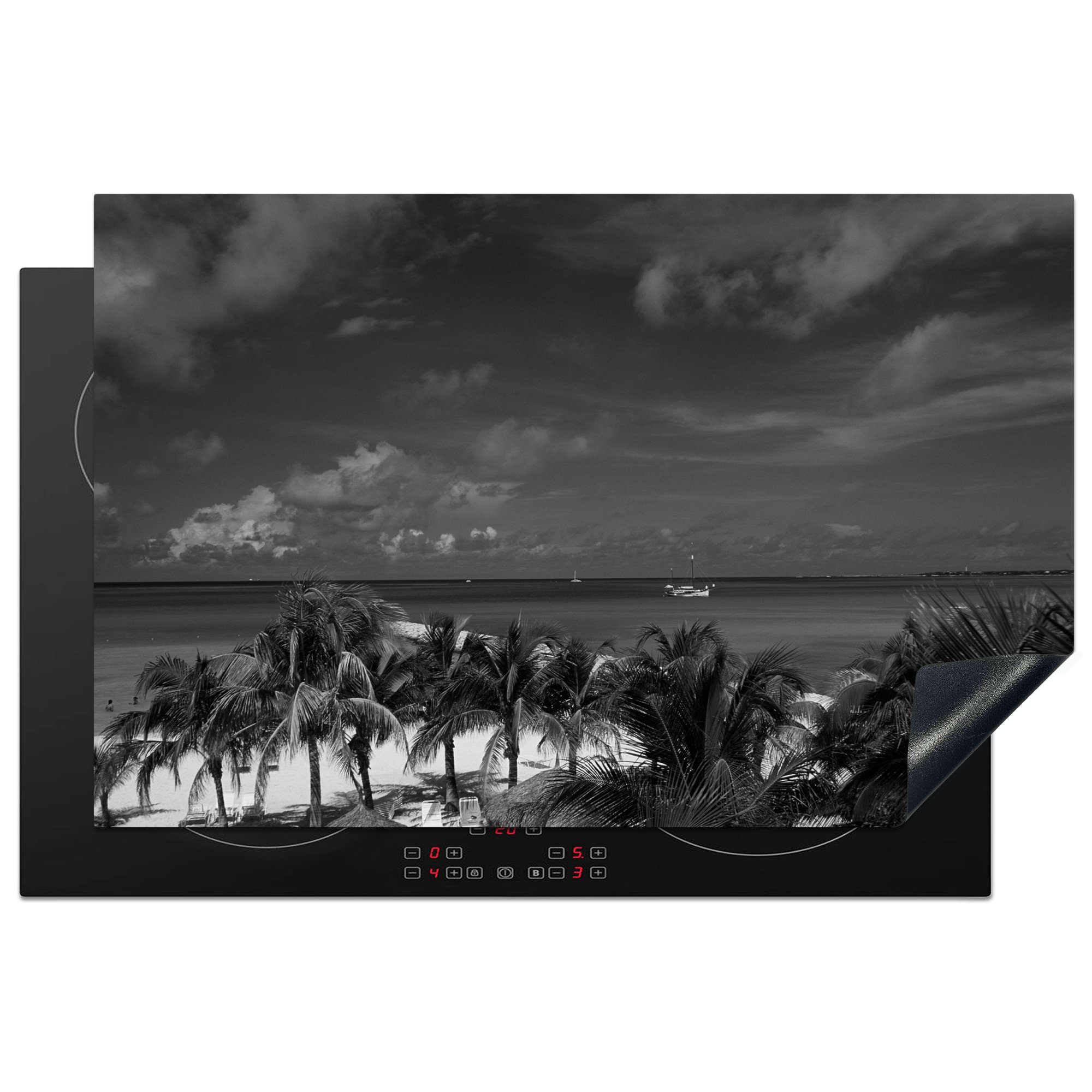 MuchoWow Herdblende-/Abdeckplatte Aruba - Palme - Schwarz - Weiß, Vinyl, (1 tlg), 81x52 cm, Induktionskochfeld Schutz für die küche, Ceranfeldabdeckung