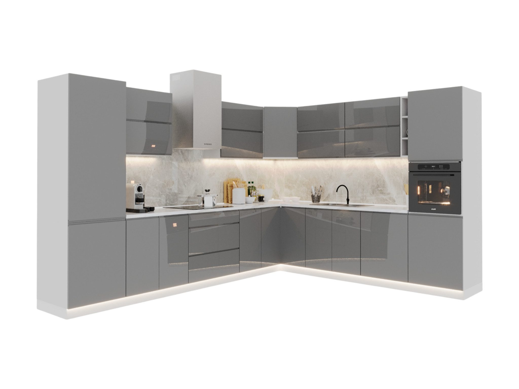 ROYAL24_MARKT Winkelküche – KU-S19 – Aspen – 340x270 cm Moderne Klarheit trifft Funktionalität, (Komplett Set), Premium – Luxuriös – Elegant