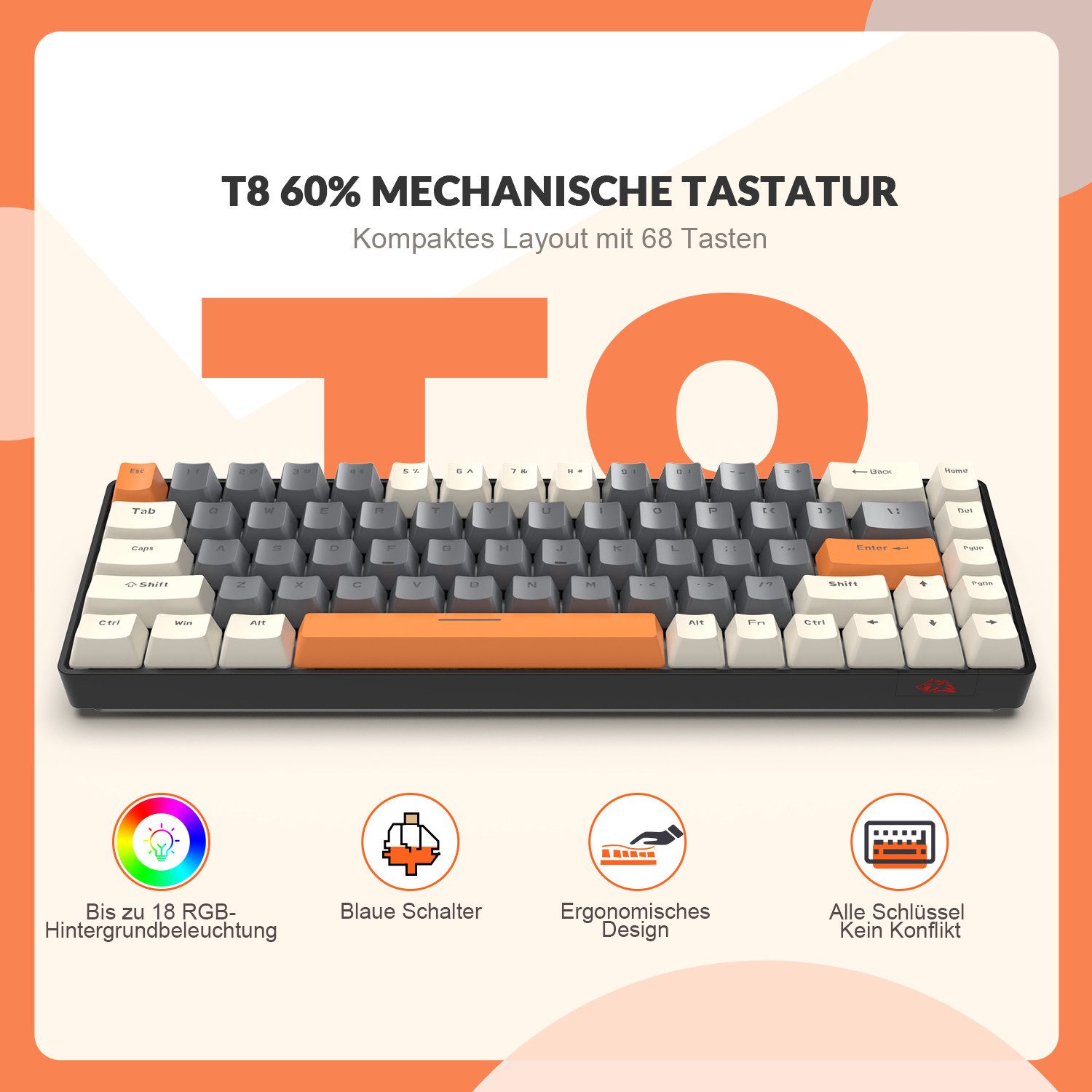 ZIYOU LANG T8 60% Mechanische Gaming-Tastatur,68 Tasten TKL mit Kompaktem Layout, Gaming-Tastatur (Kompaktem Layout,18 RGB,Anti-Ghosting,USB-C Spiralkabel,für PC,Mac)