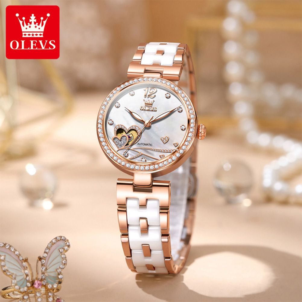 OLEVS Automatikuhr OLEVS Automatik Damenuhr Rosegold & Weiß Keramik, Herz-Design 7086