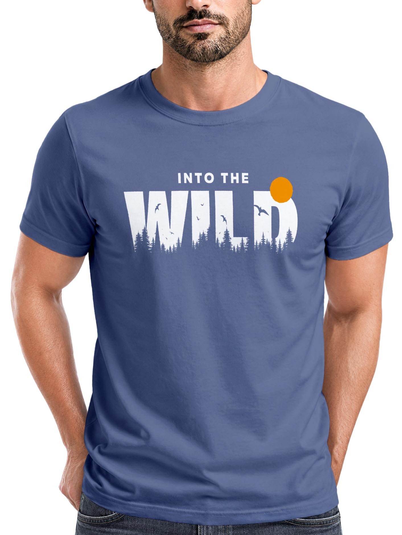 Print-Shirt Herren T-Shirt Brustprint Bedruckt Into the Wild Schriftzug Outdoor