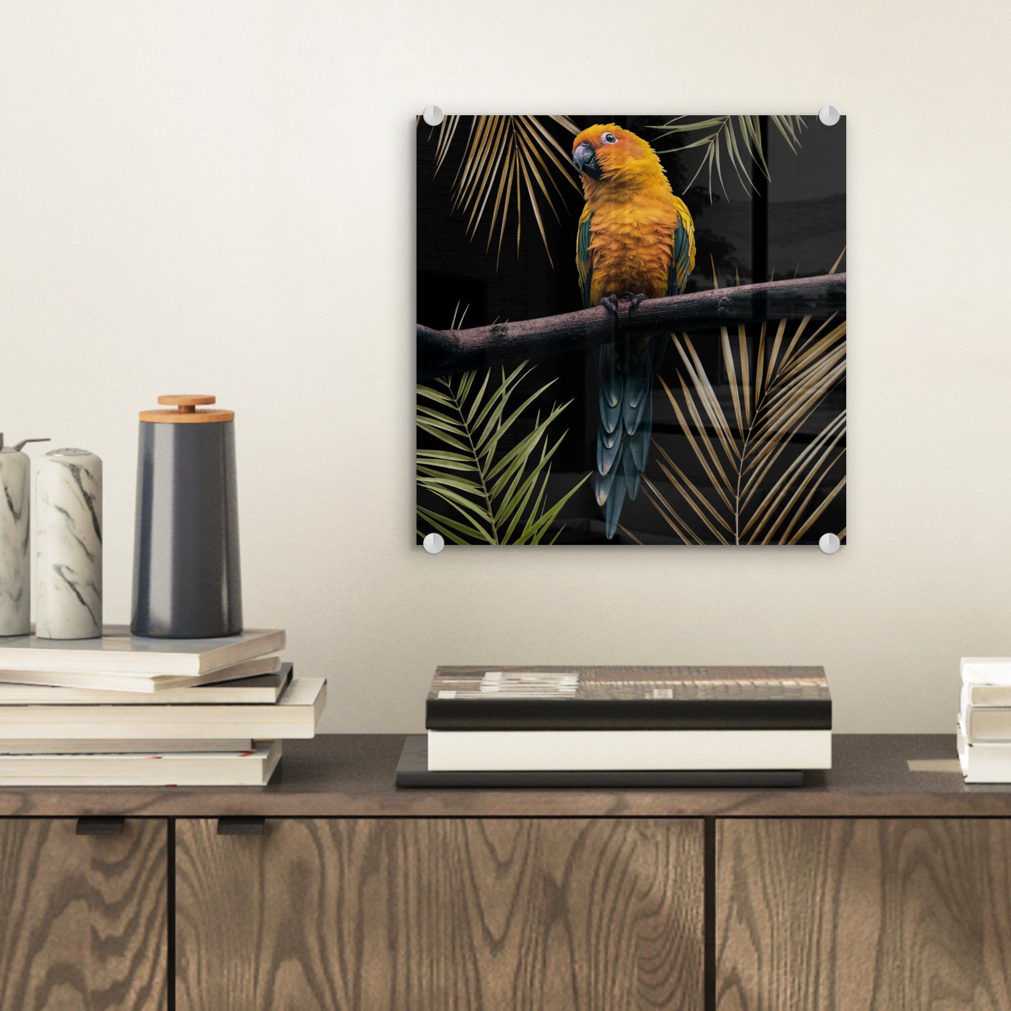 MuchoWow Acrylglasbild - St), - Bilder Foto (1 - Zweig auf Wandbild Papagei - Glasbilder Glas Vogel - Wanddekoration - Glas Blätter, auf