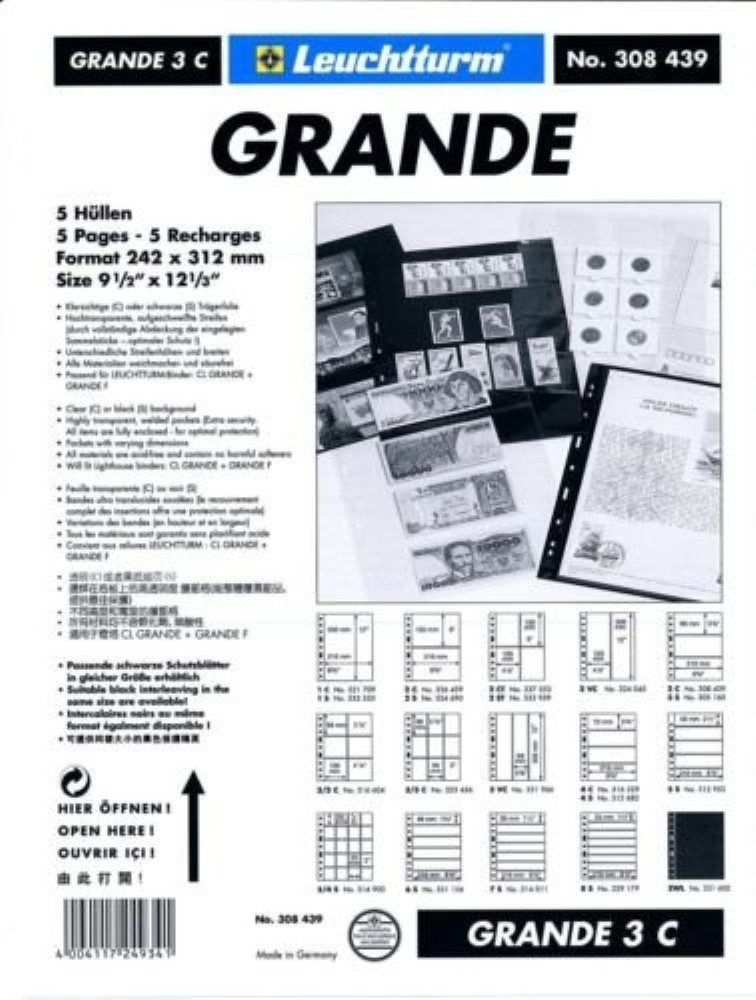 Leuchtturm Sammelkarte Kunststoffhüllen GRANDE, 3 waagrechte Streifen, glasklar, 5er Pack