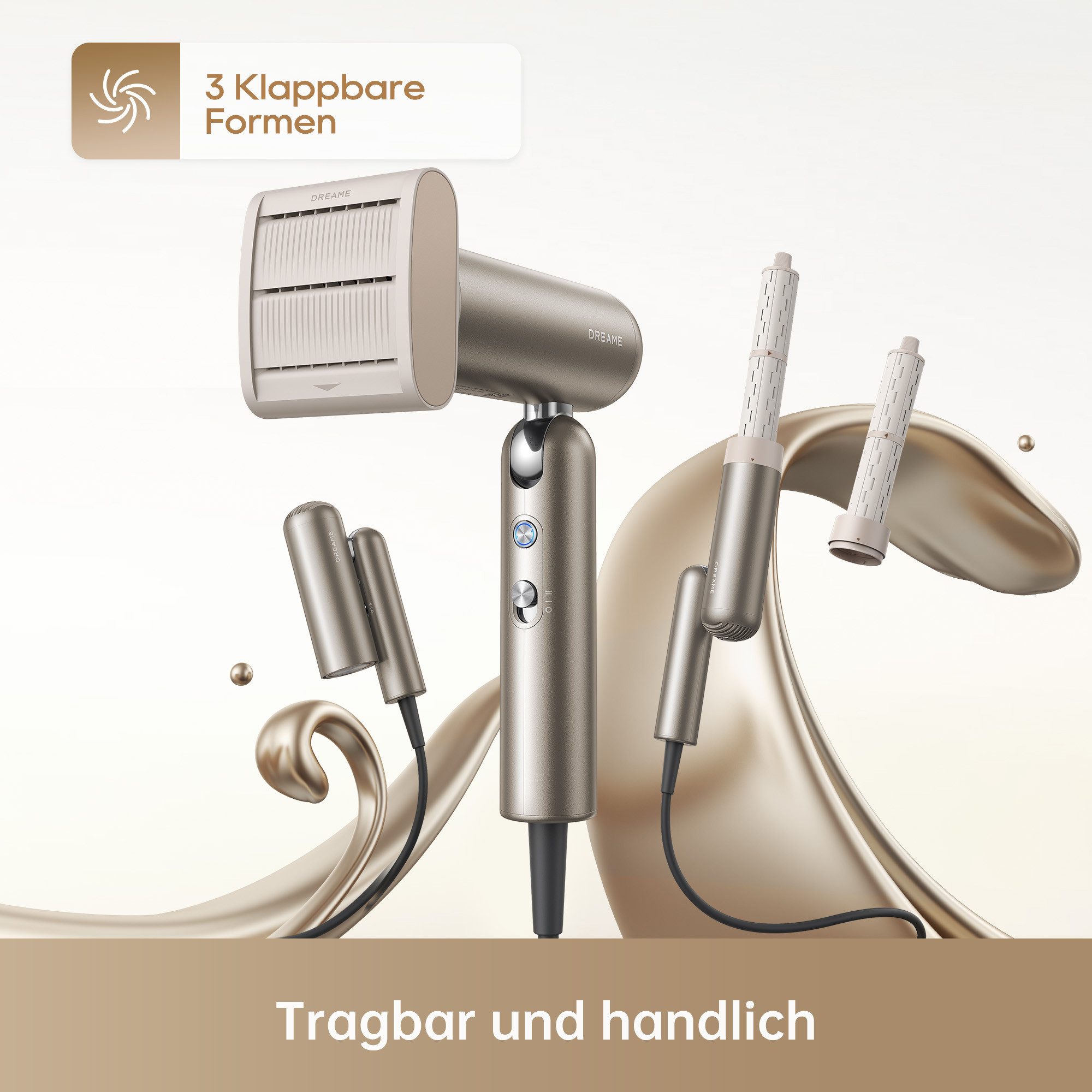 Dreame Haartrockner Pocket Neo Hochgeschwindigkeits-Haartrockner, 1300 W, Kompakt & klappbar, vielseitige Aufsätze, 110.000 U/min