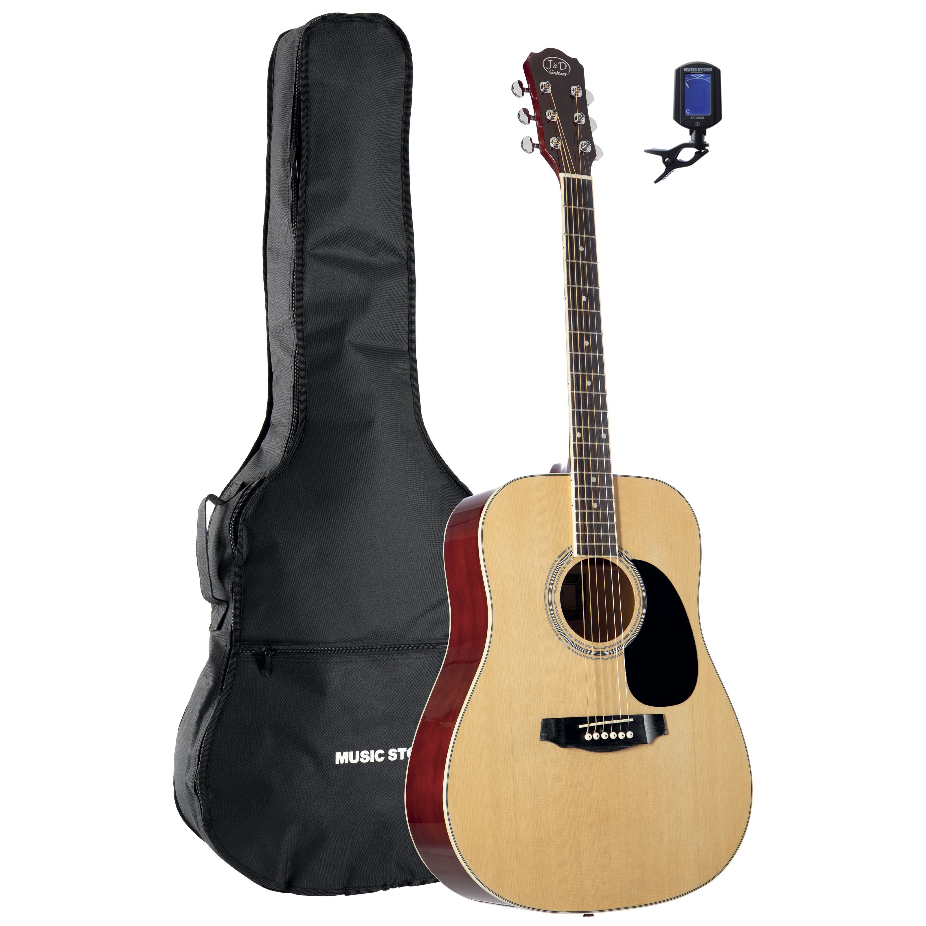 J & D Westerngitarre, D-80 NT Acoustic Guitar Set Dreadnought Agathis Body Mahogany Neck Composite Fingerboard Natural Finish Gigbag and Tuner Included Ideal for Beginners, Westerngitarren, Westerngitarren-Sets, D-80 NT Acoustic Guitar, Dreadnought Guitar Set, Beginner Acoustic