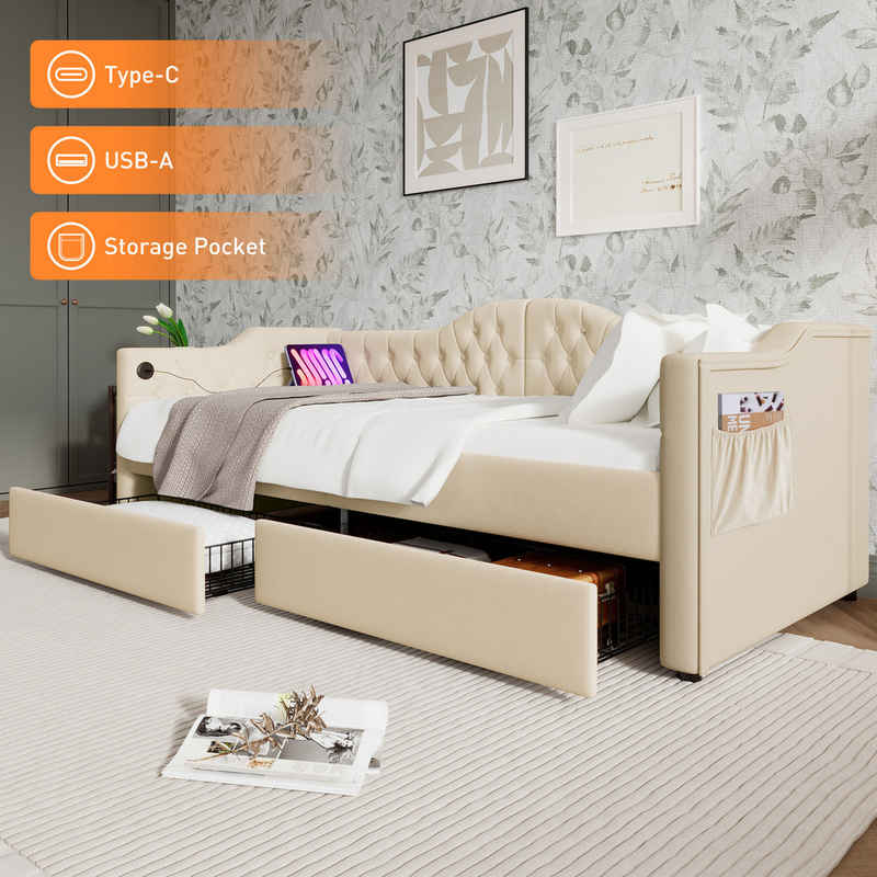 MODFU Daybett Tagesbett Schlafsofa (90x200cm), mit USB Type C Ladefunktion und 2 Schubladen