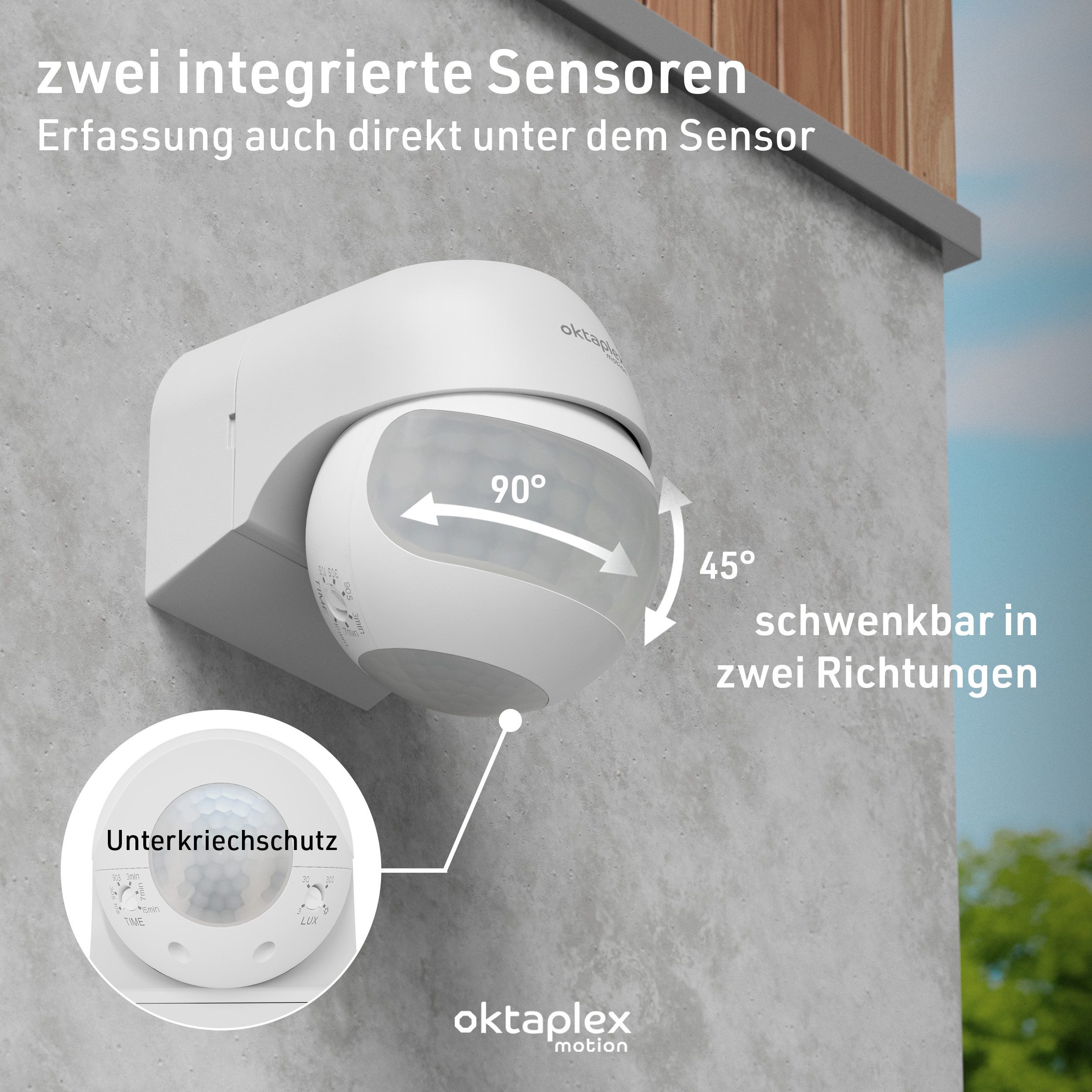 Oktaplex motion Bewegungsmelder Anja Bewegungsmelder PIR 180 Grad 12 m LED geeignet IP44, (1-St), Schwenkbarer Sensor Unterkriechschutz 360 Grad weiß