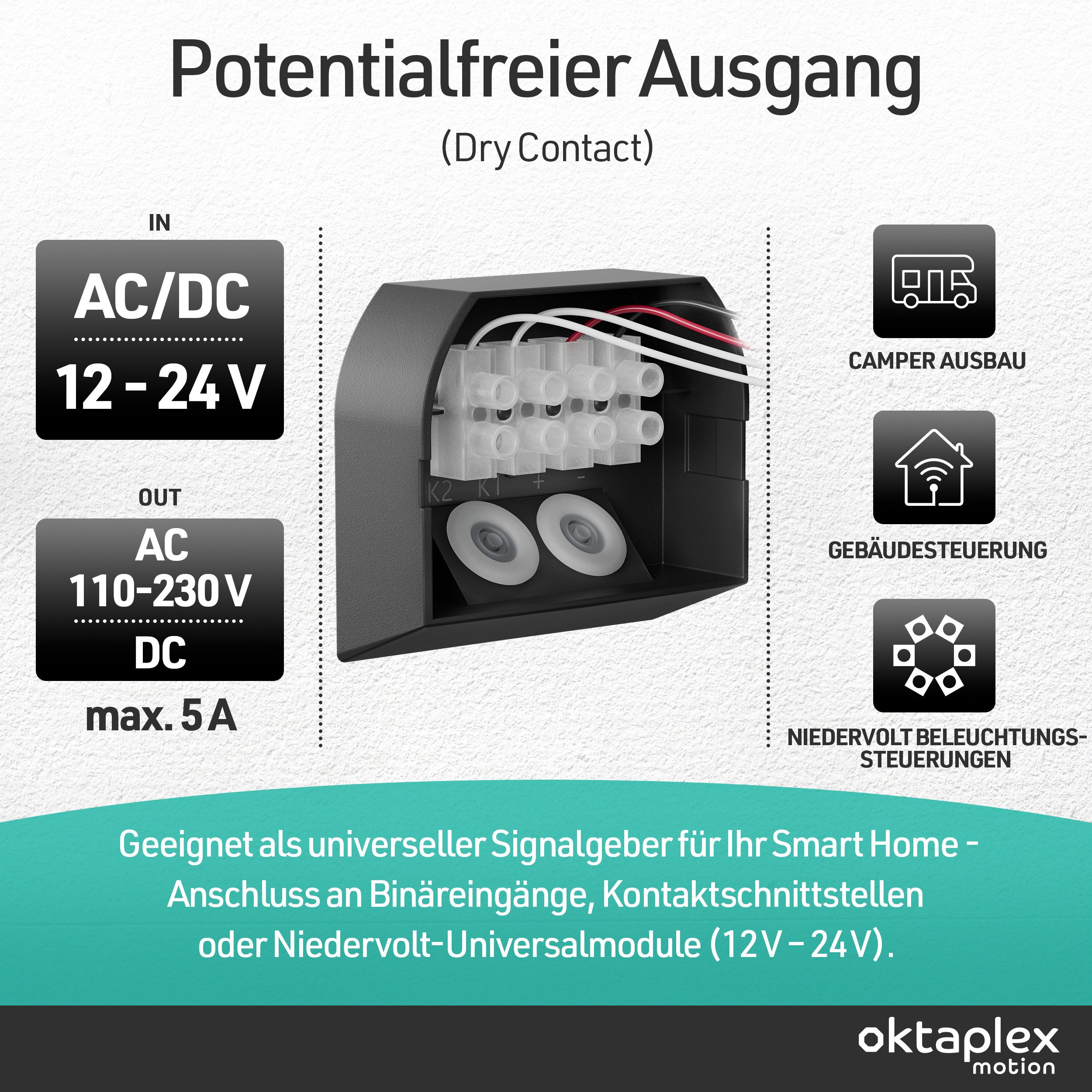 Oktaplex motion Bewegungsmelder 12-24V Bewegungsmelder potentialfrei, (1-St), Schwenkbarer Kopf IP44 Dämmerungssensor anthrazit