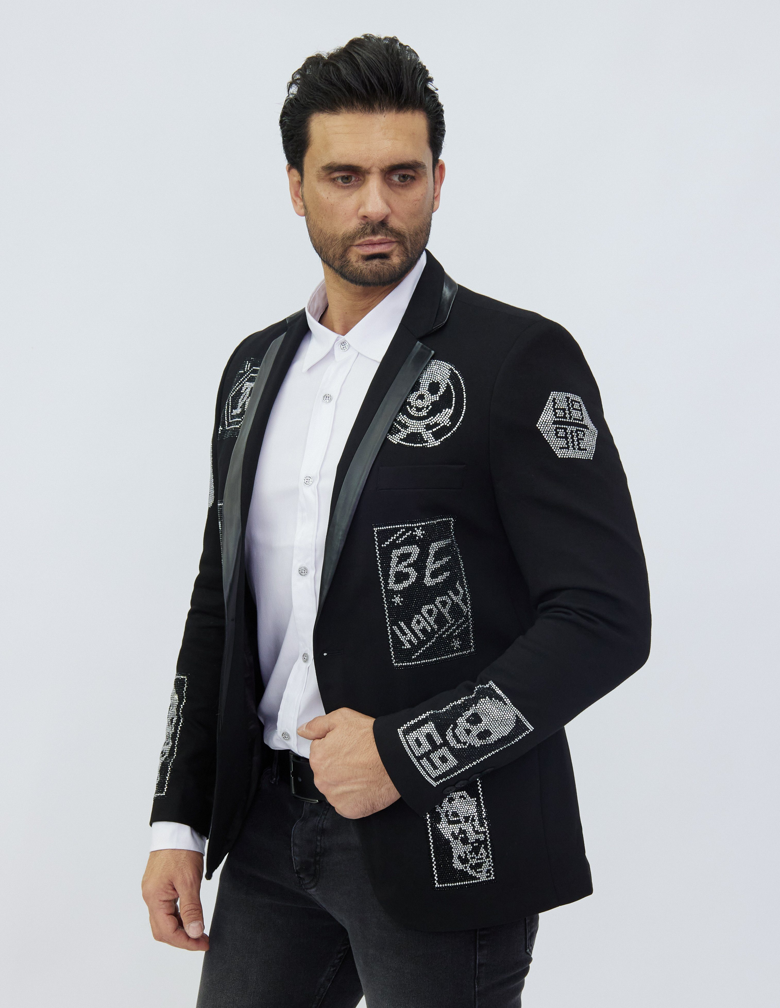 Denim Distriqt Sakko Rockiges Herren Sakkos mit extravagenten Strass Motiven Kunstleder Kragen