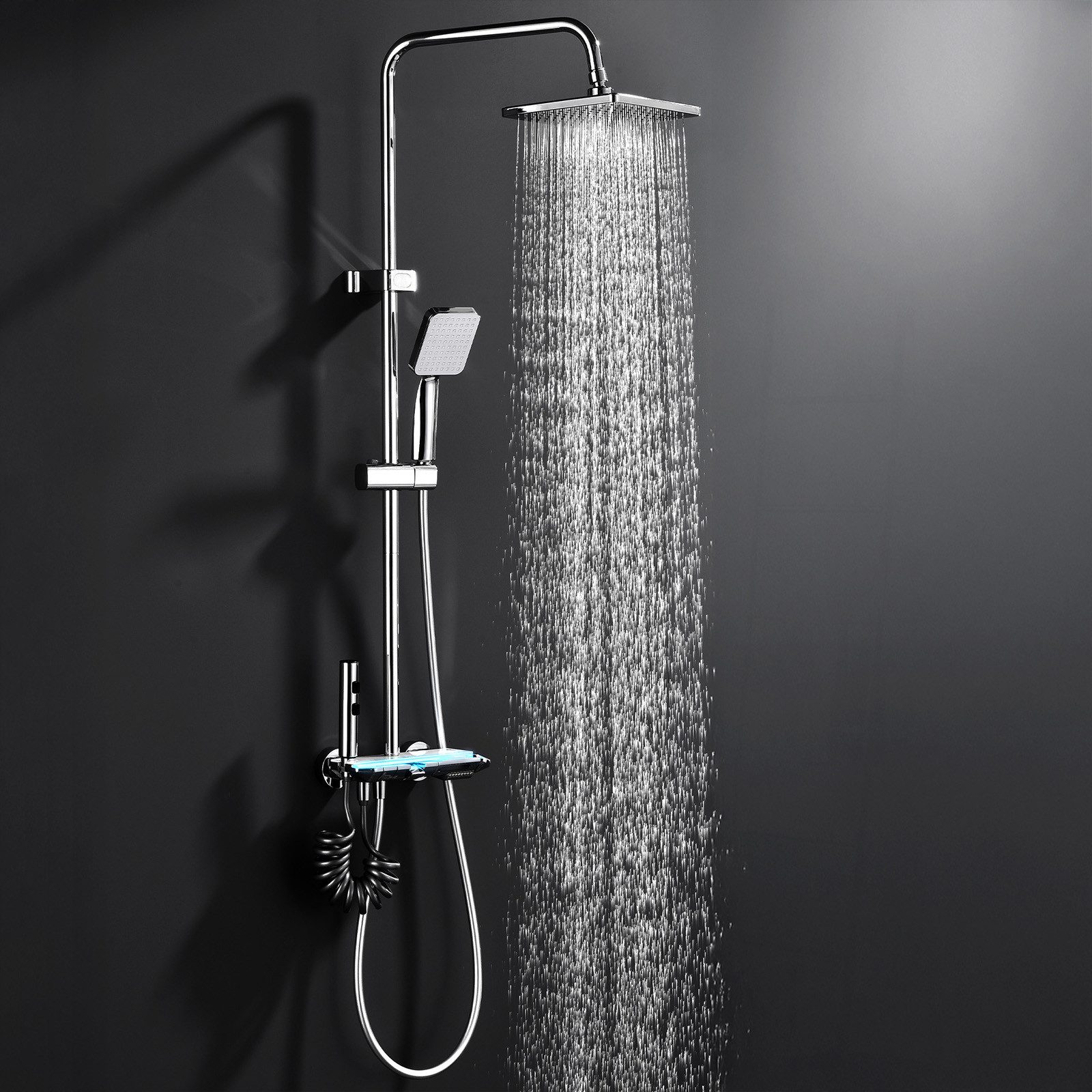 HOMELODY Duschsystem Duscharmatur Komplettset mit Glasablage - Regendusche mit Armatur, 3 Strahlart(en), Set, Duscharmatur mit Klavierknopf,4 Strahlarten mit Wasserfall-Auslauf