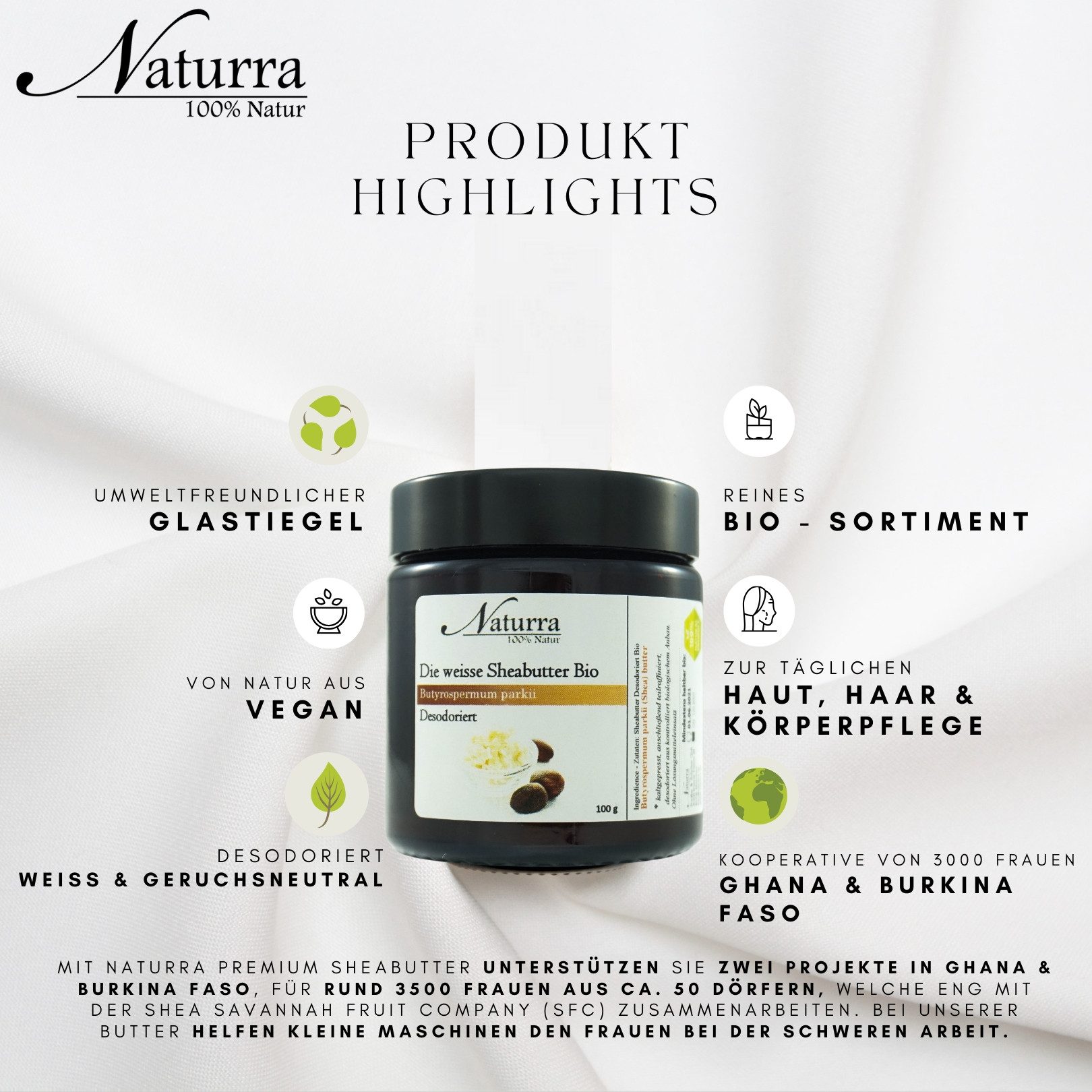 Naturra Körperbutter Bio Sheabutter weiß desodoriert – geruchsneutral im Braunglastiegel, Geruchsneutral, Premiumkosmetik in Lebensmittelqualität, Omega-Öl