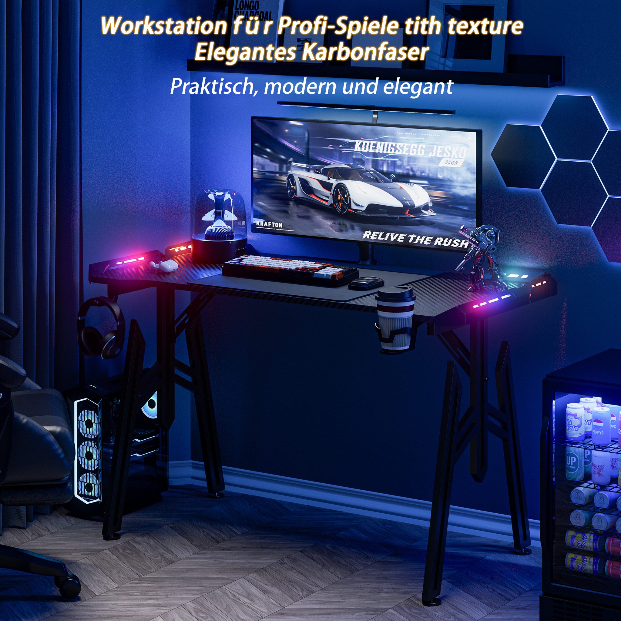 FIVMEN Computertisch Gaming Schreibtisch mit LED M-Frame Computer Tisch Gamingtisch