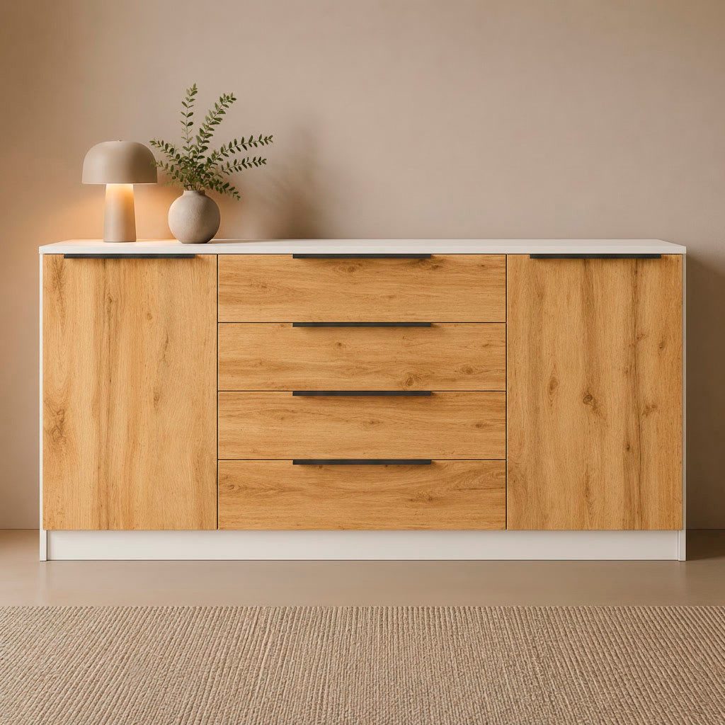 borchardt Möbel Sideboard Tom, moderne Kommode mit dunklen Metallgriffen, 166cm, 2 Türen 4 Schubfächer, variable Einlegeböden, viel Stauraum