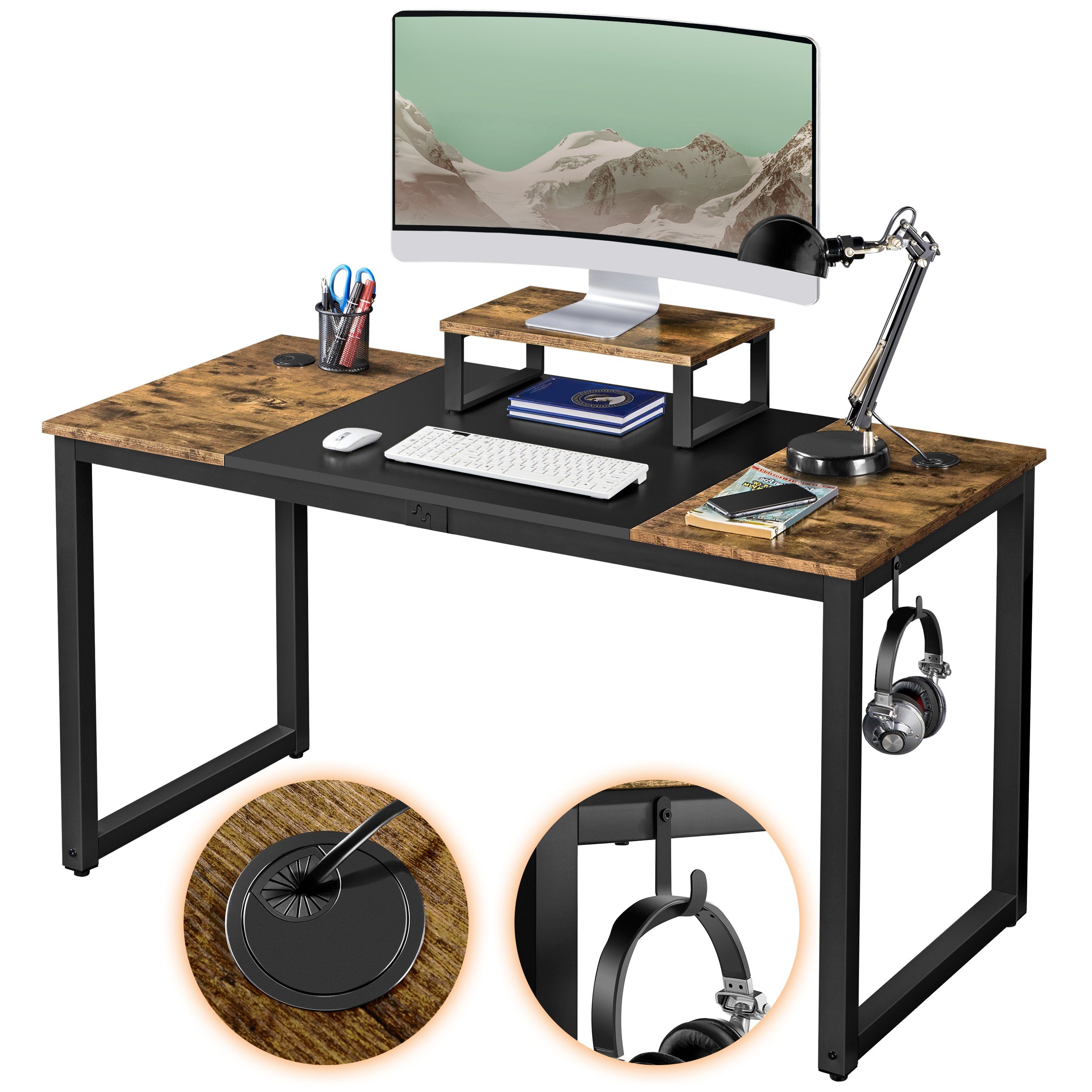 Yaheetech Schreibtisch, mit Monitorständer Holz Kopfhörer & aus Halter