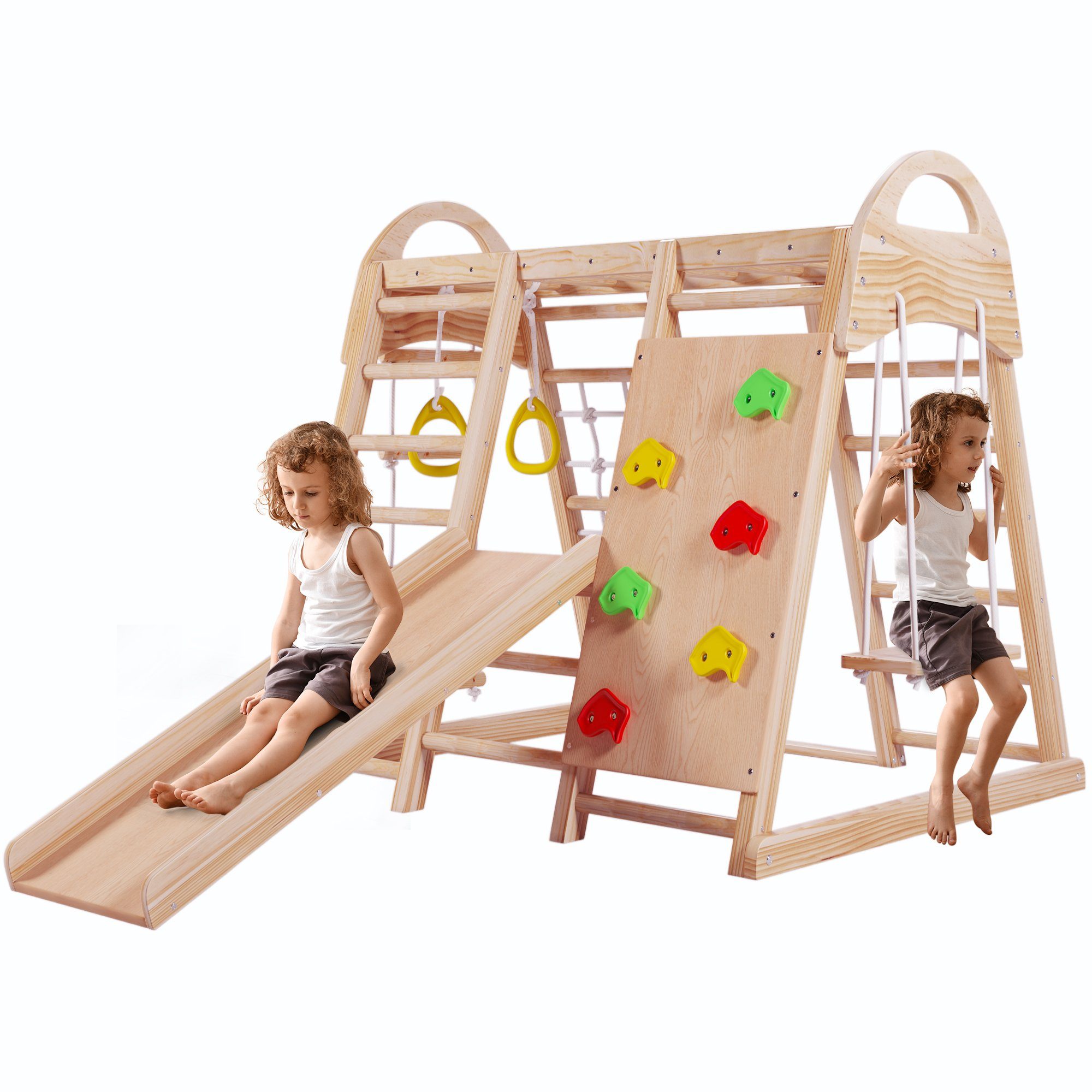 Merax Klettergerüst inkl. Rutschbahn, Schaukel, Leiter, Kletternetz, Ringe, Kletterwand, Kletterdreieck 7-in-1 Funktion, Indoor-Spielplatz aus Holz