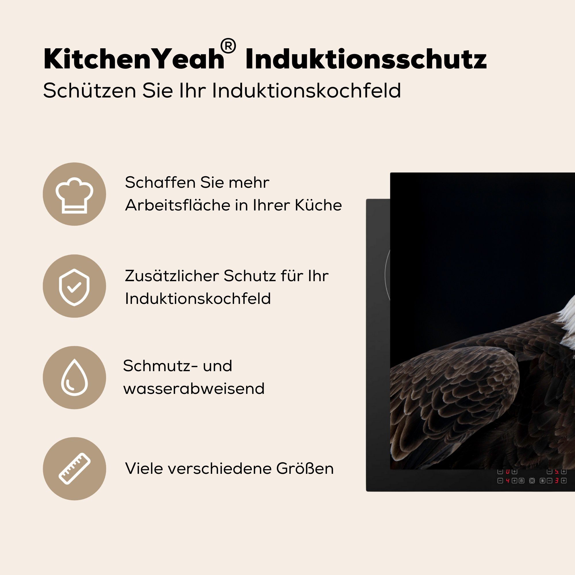 küche, (1 81x52 Ceranfeldabdeckung für Herdblende-/Abdeckplatte - Schnabel Schwarz, tlg), - Vinyl, Induktionskochfeld MuchoWow die cm, Schutz Vogel Adler -