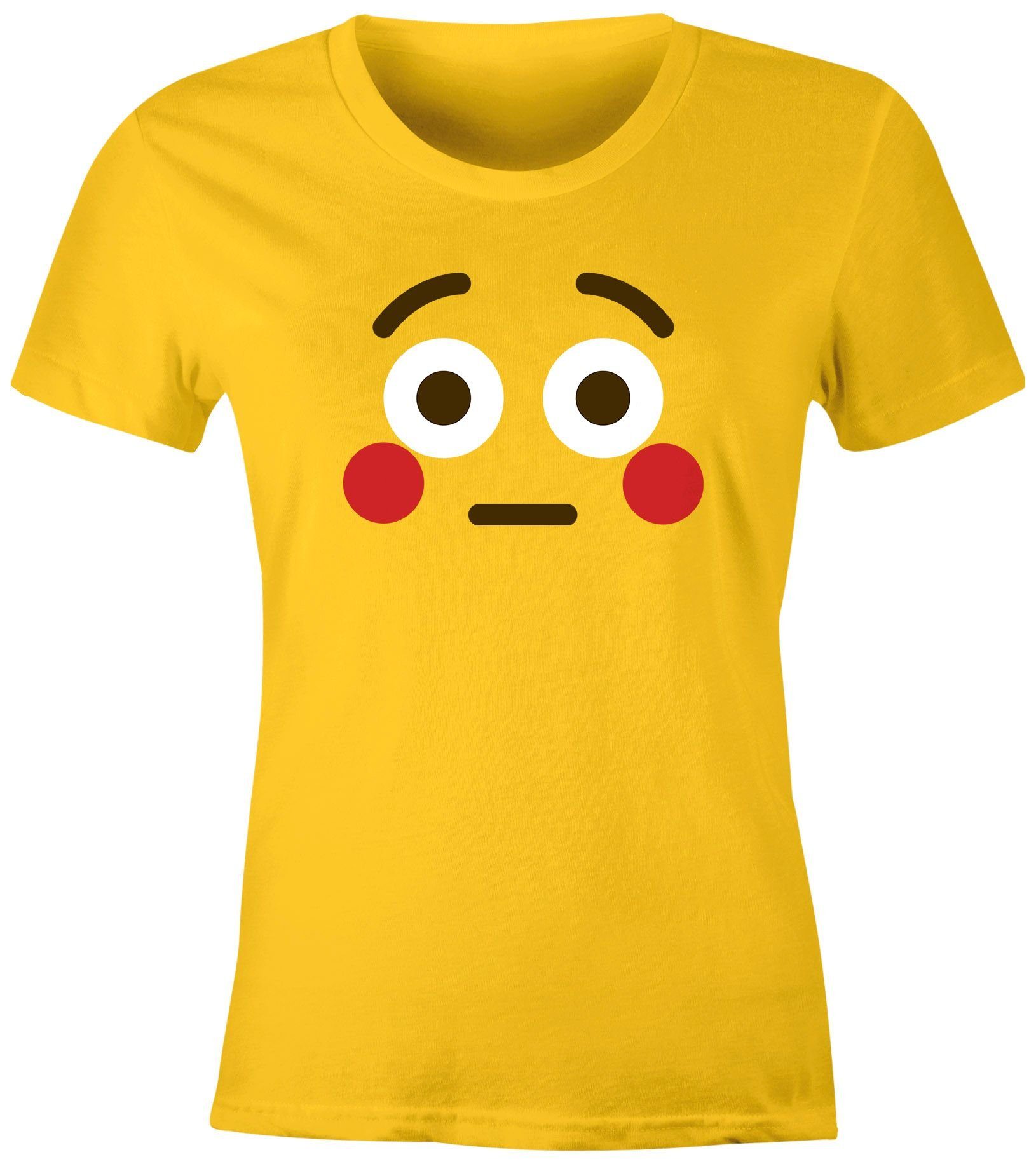 MoonWorks Print-Shirt Damen T-Shirt Emoticon Gruppenkostüm Fasching Karneval Junggesellenabschied JGA lustig Fun-Shirt Moonworks® mit Print Blush gelb