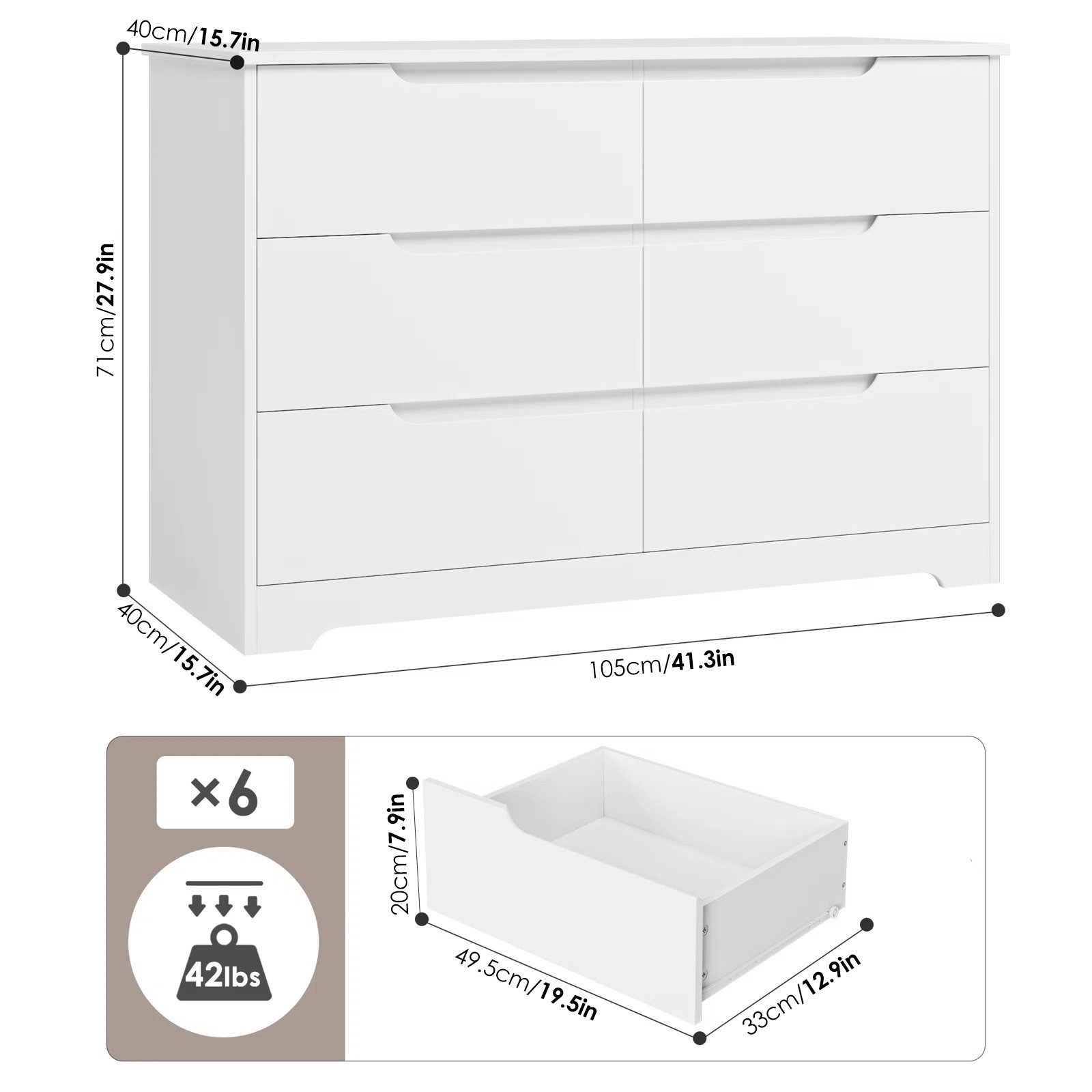 HOMECHO Kommode, Sideboard mit 6 Schubladen, Weiß Kommode für Schlafzimmer