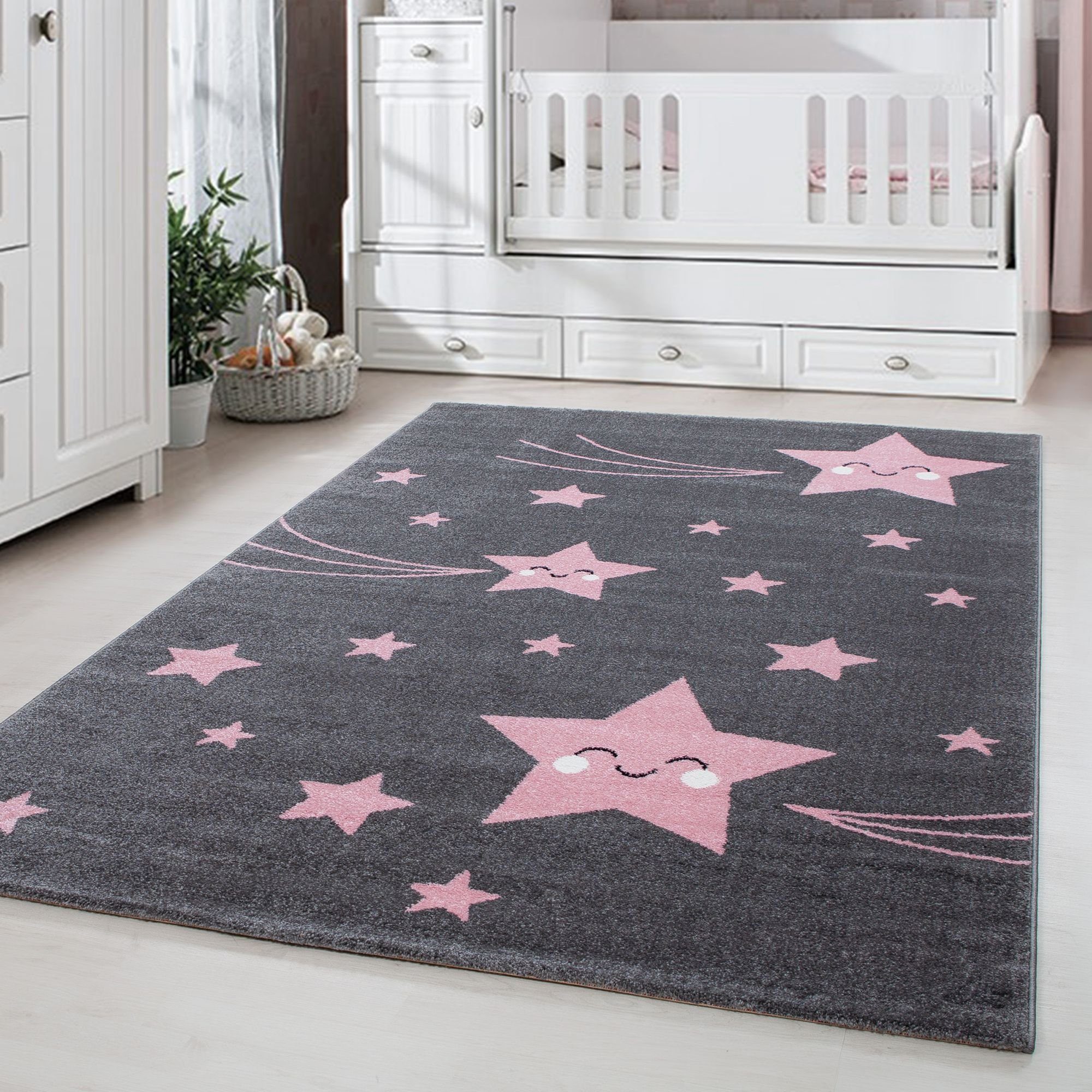 Kinderteppich Sterne-Design, Carpetsale24, Rechteckig, Höhe: 11 mm, Kinderteppich Stern-Design Rosa Baby Teppich Kinderzimmer Pflegeleicht