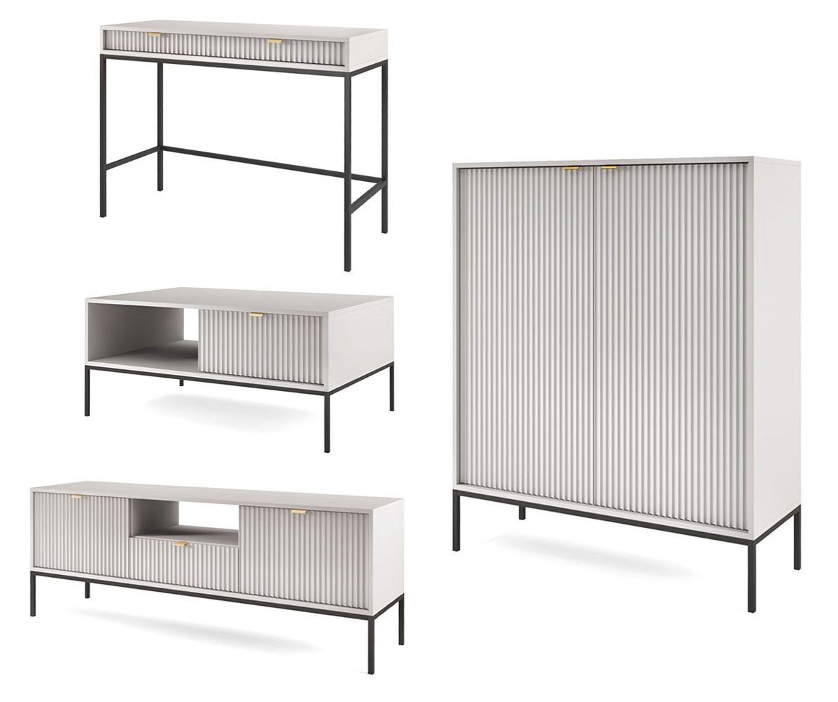 Feldmann-Wohnen Wohnwand Nova, (1 Lowboard, 1 Couchtisch, 1 Schreibtisch, 1 Highboard, 4-St., Riffel-Optik Front, goldfarbene Metallgriffe, ABS-Kanten), 4-teilig MDF Grau